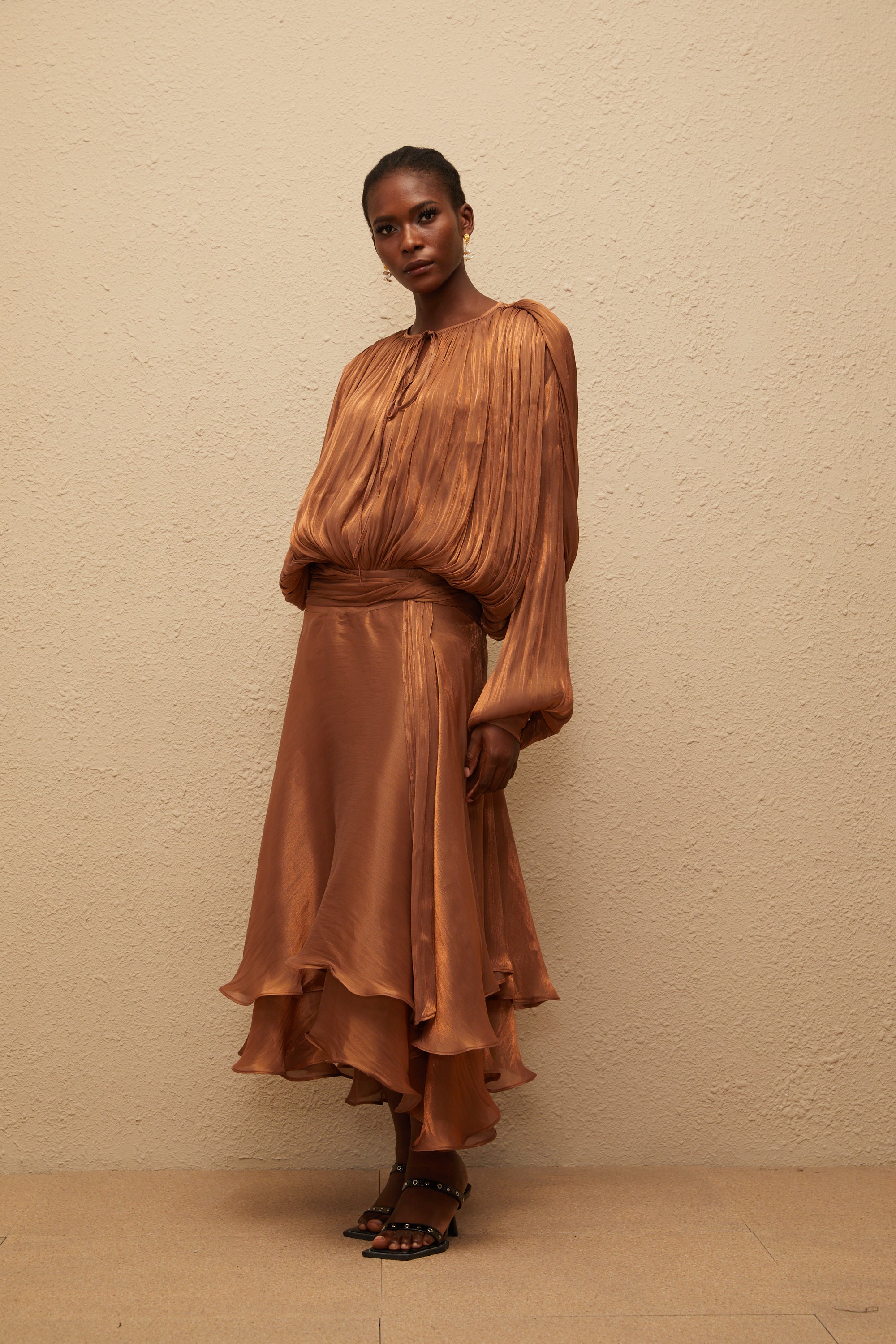 Eugénie Pleated Ruffle Maxi Dress in Brown