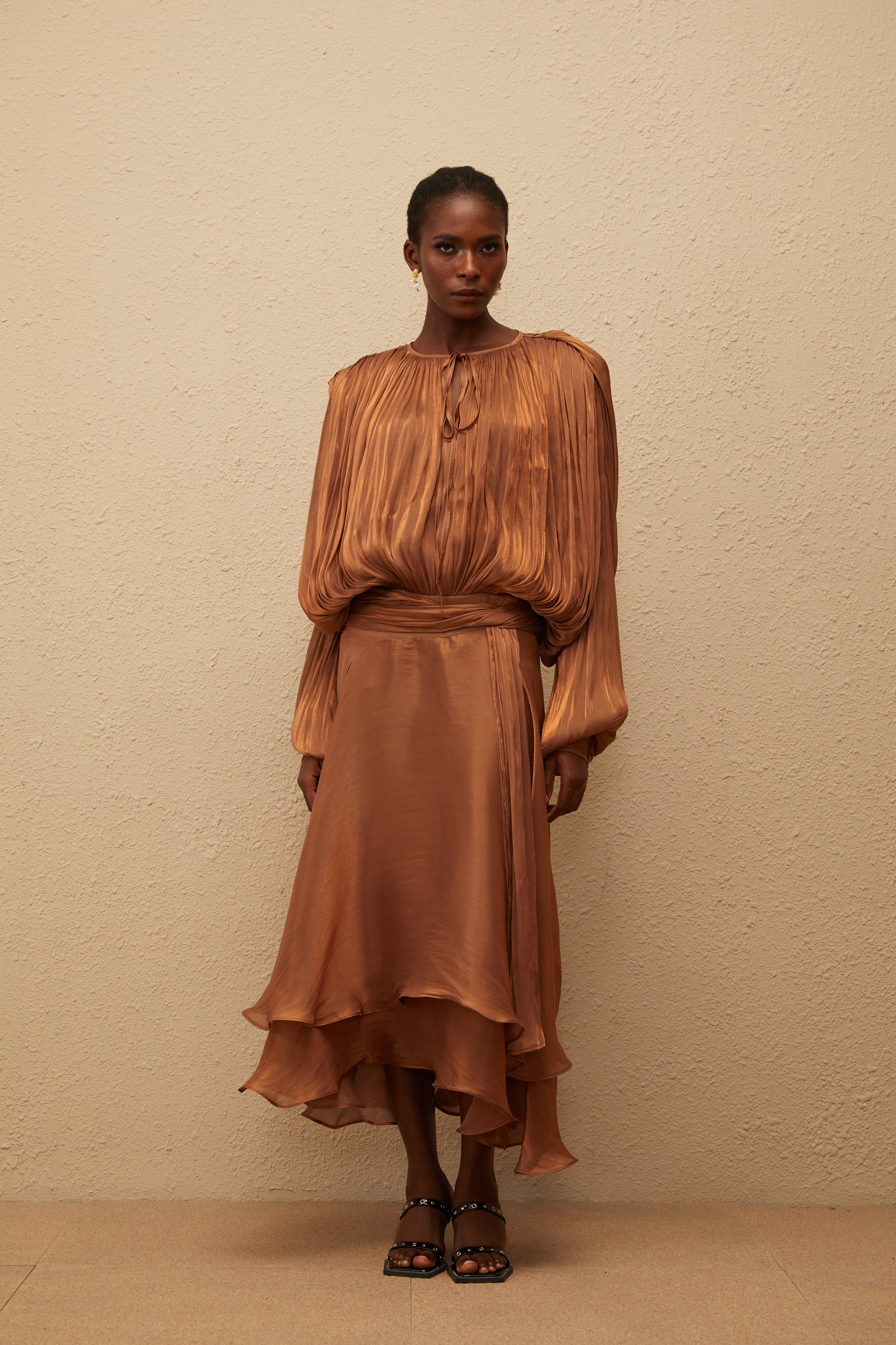 Eugénie Pleated Ruffle Maxi Dress in Brown