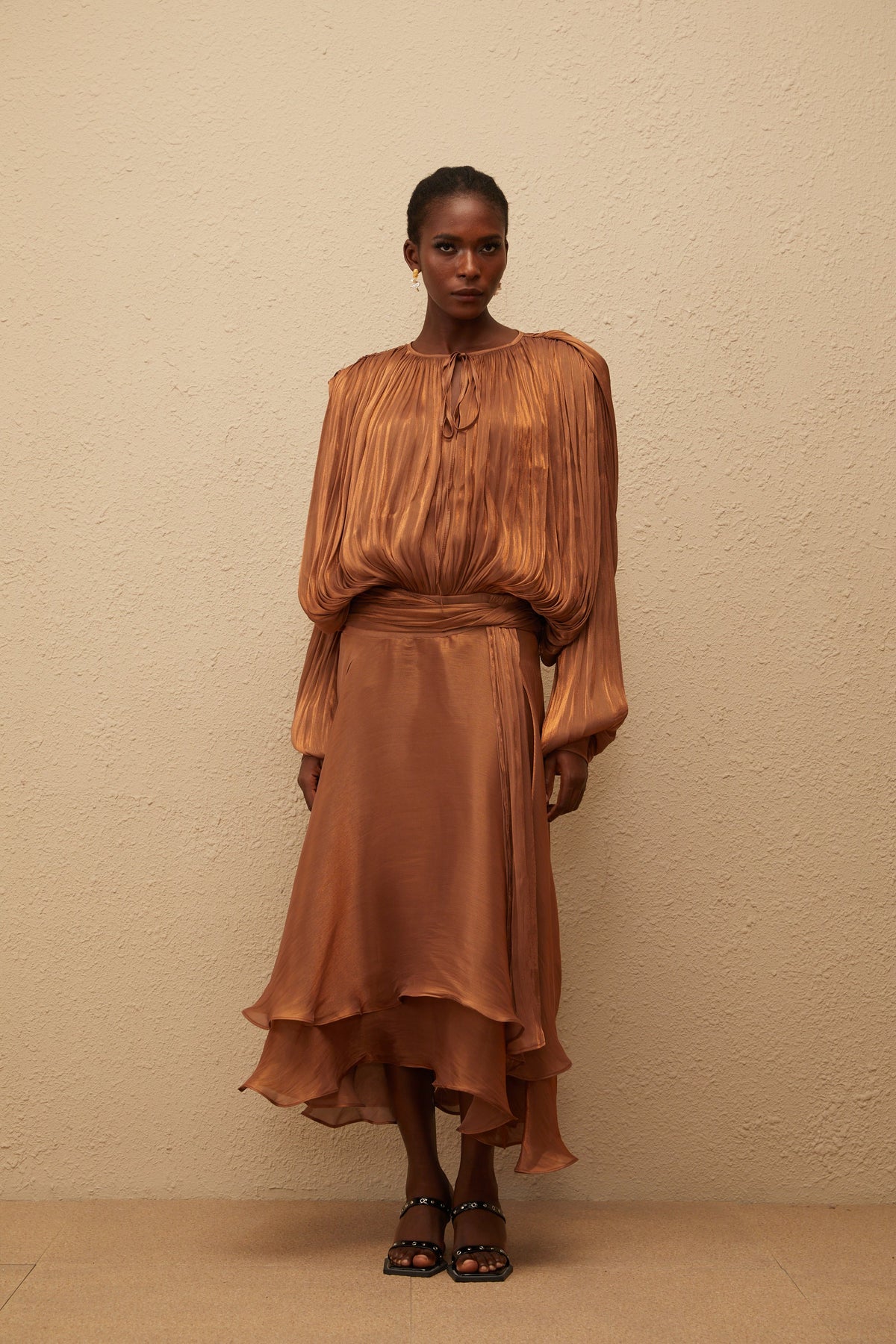Eugénie Pleated Ruffle Maxi Dress in Brown (Final Sale-US Only)