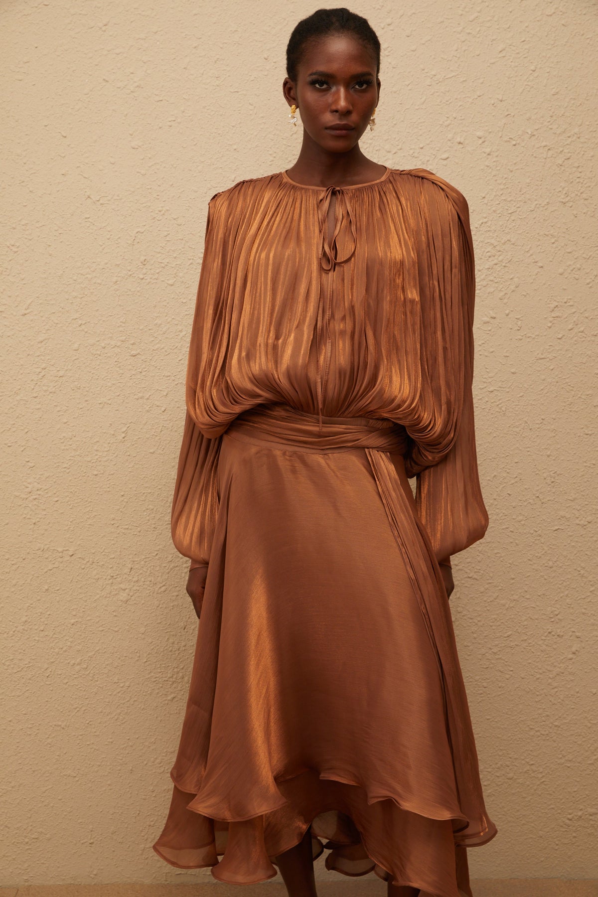 Eugénie Pleated Ruffle Maxi Dress in Brown (Final Sale-US Only)