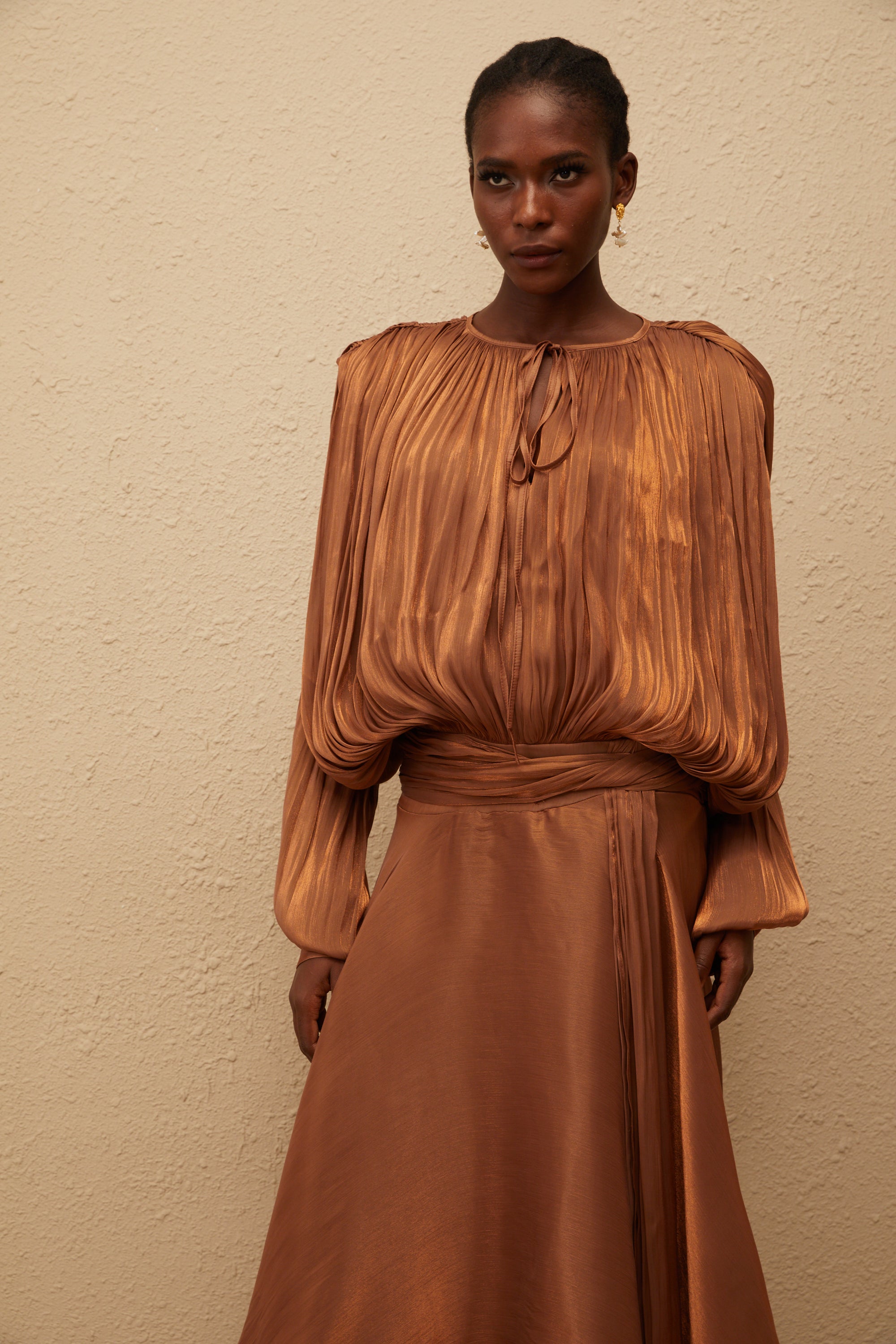 Eugénie Pleated Ruffle Maxi Dress in Brown