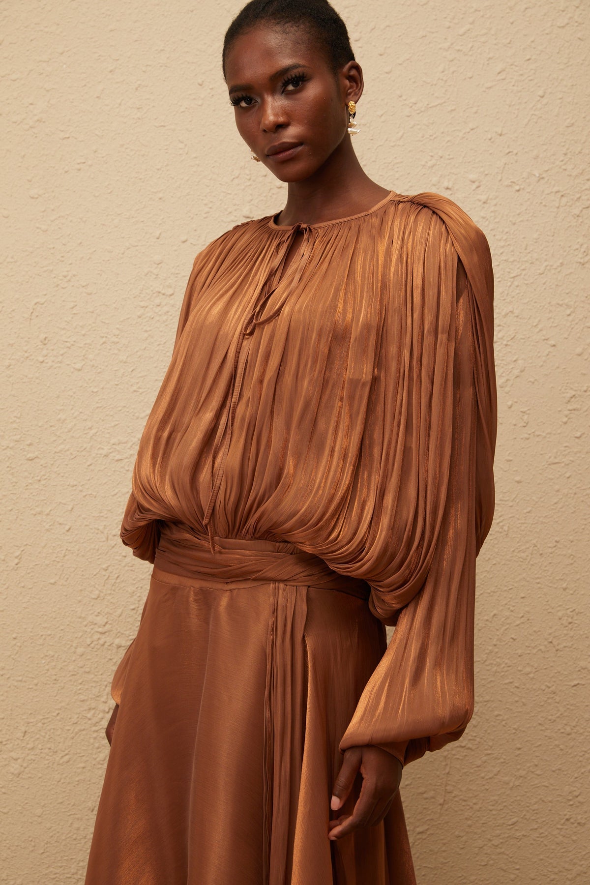 Eugénie Pleated Ruffle Maxi Dress in Brown (Final Sale-US Only)