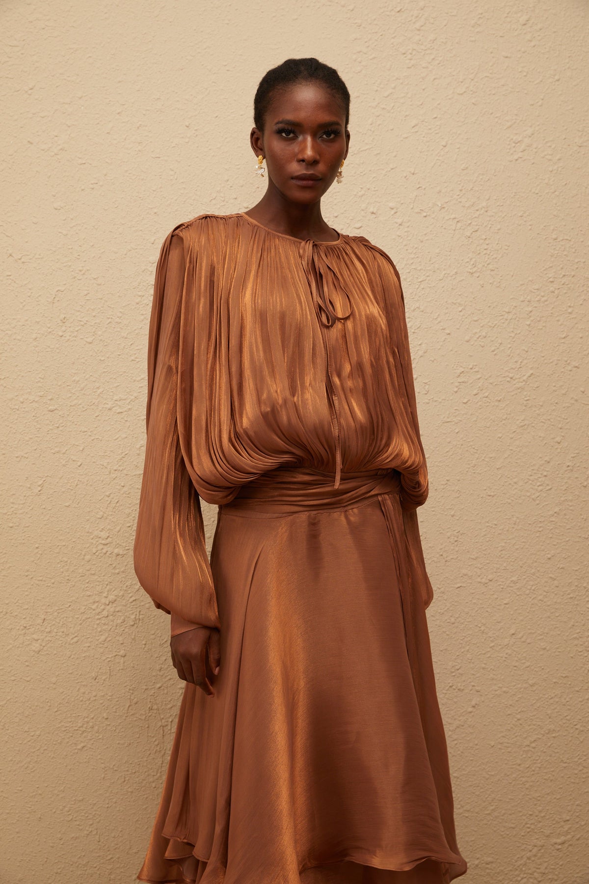 Eugénie Pleated Ruffle Maxi Dress in Brown (Final Sale-US Only)