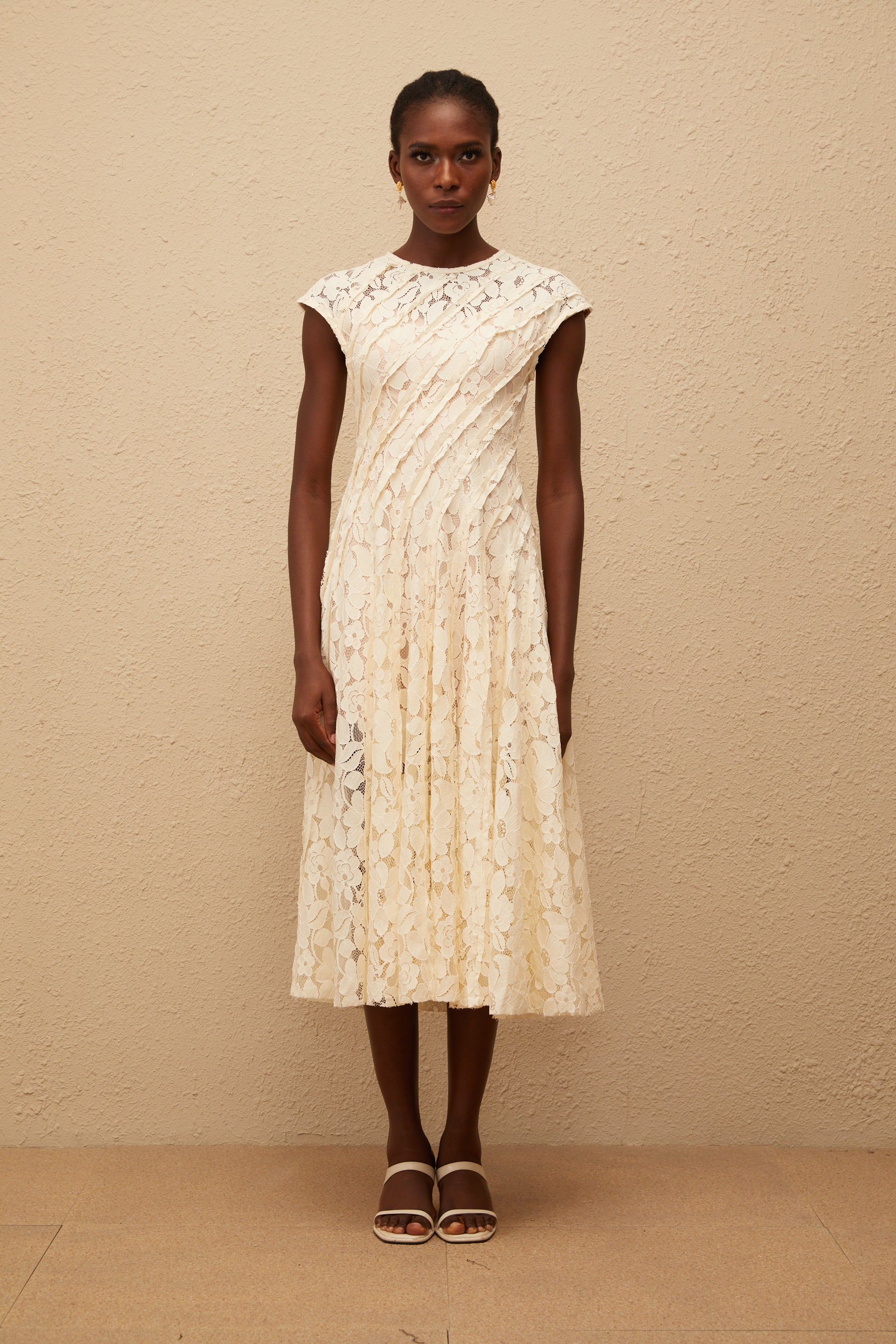 Adèle Neutral Floral Lace Midi Dress