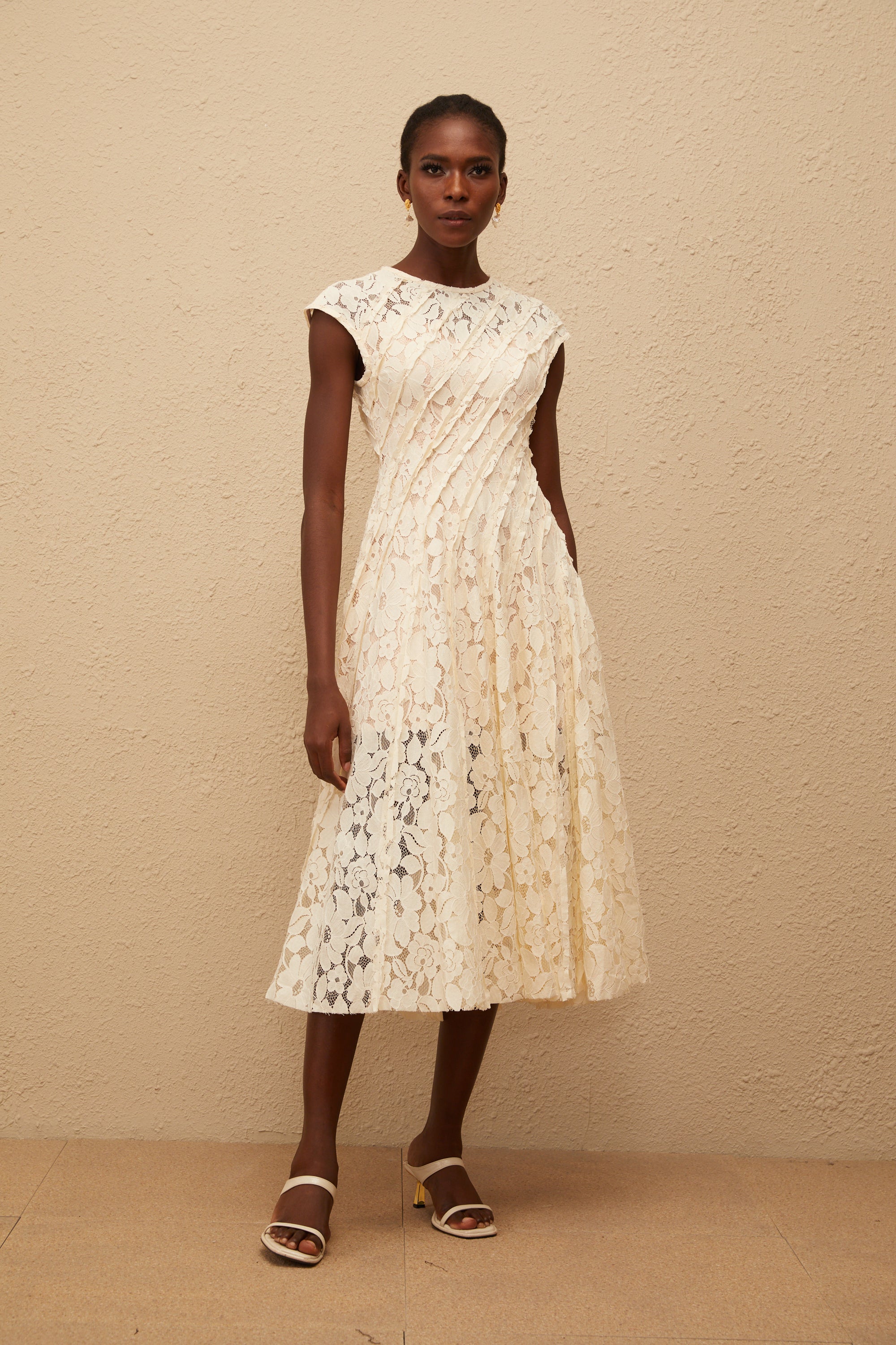 Adèle Neutral Floral Lace Midi Dress