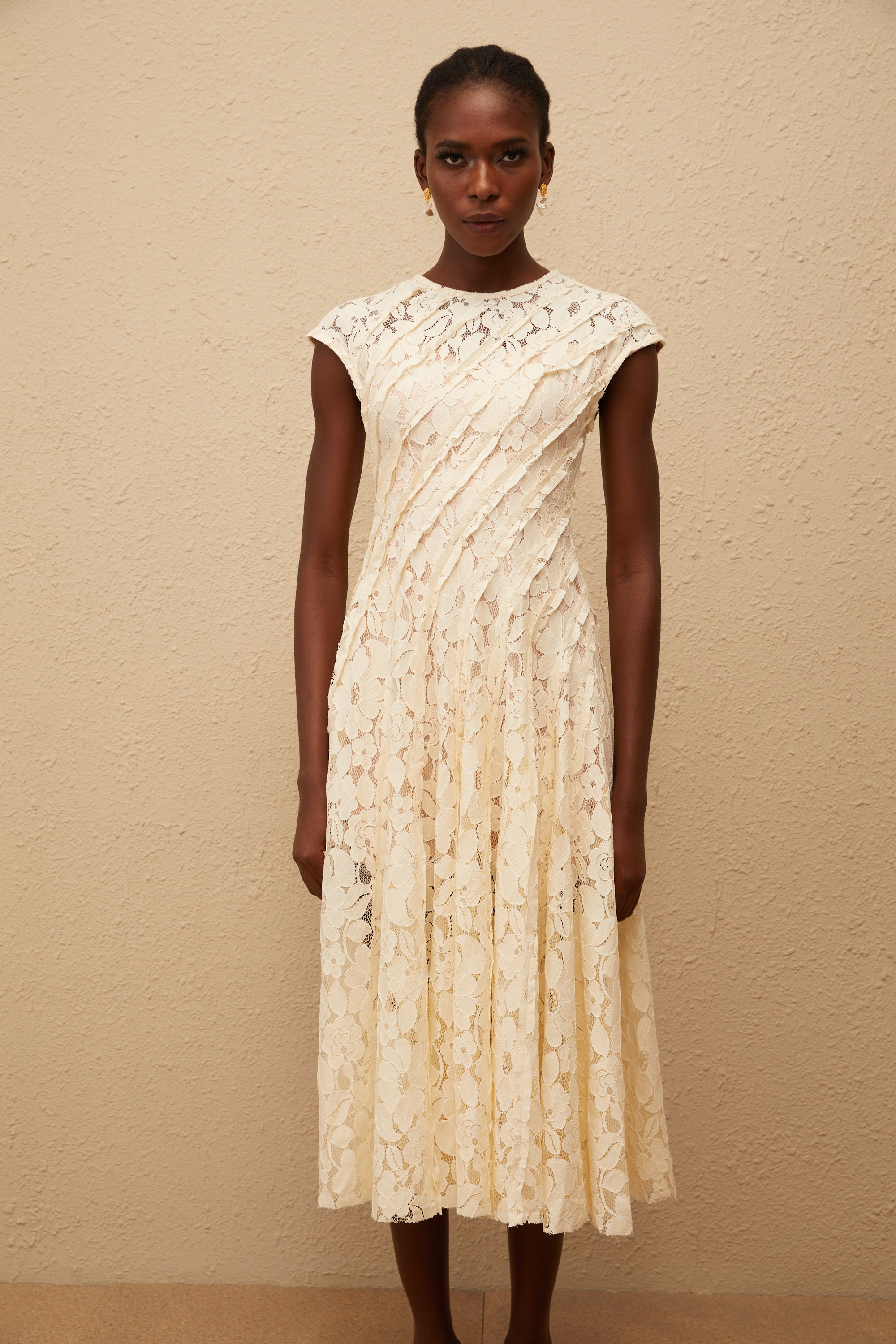 Adèle Neutral Floral Lace Midi Dress