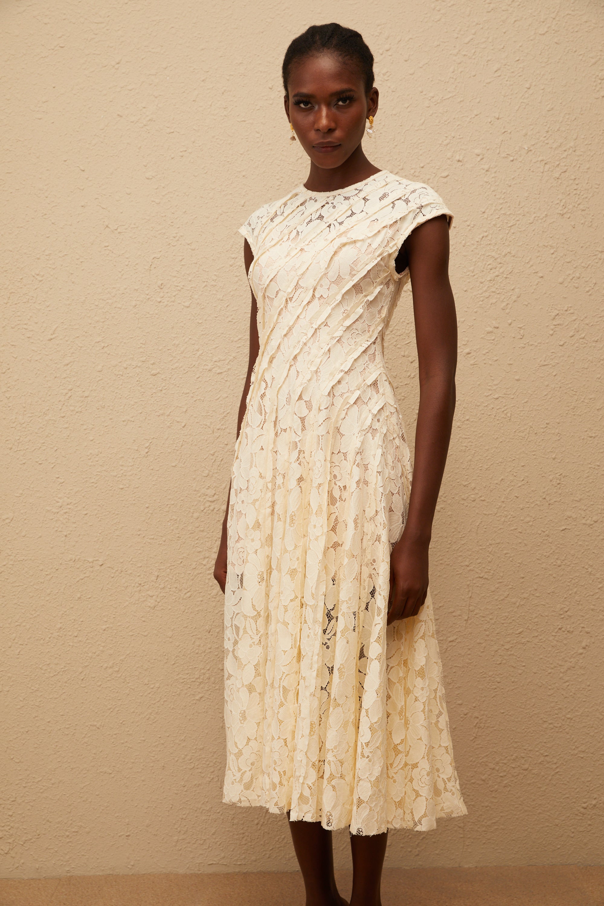 Adèle Neutral Floral Lace Midi Dress