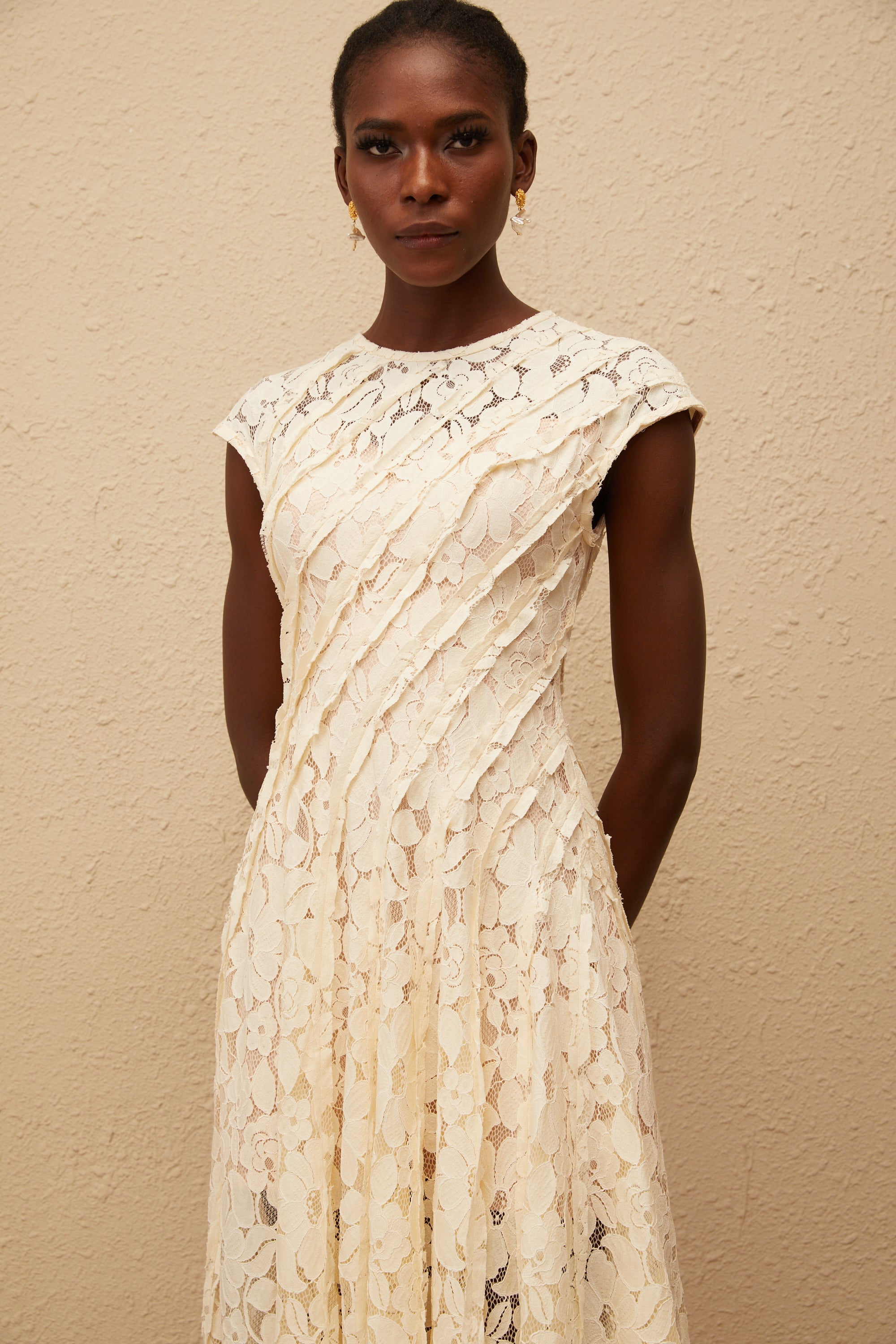 Adèle Neutral Floral Lace Midi Dress
