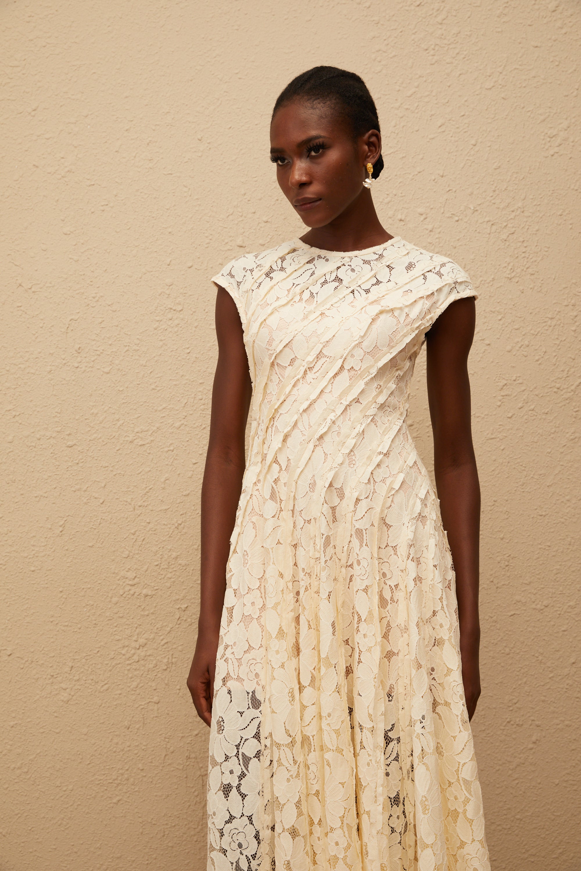 Adèle Neutral Floral Lace Midi Dress