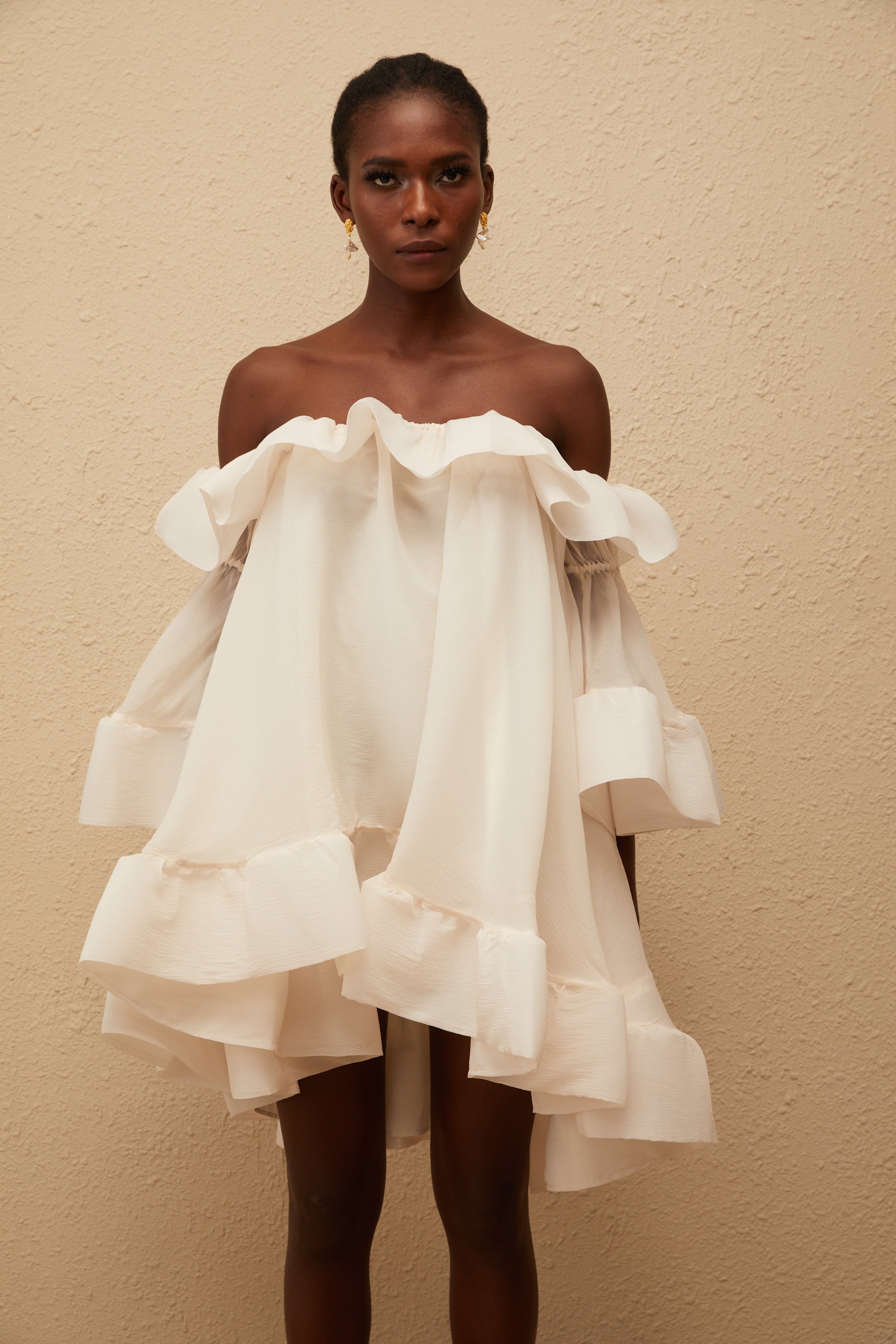 Flavie White Off Shoulder Ruffled Mini Dress