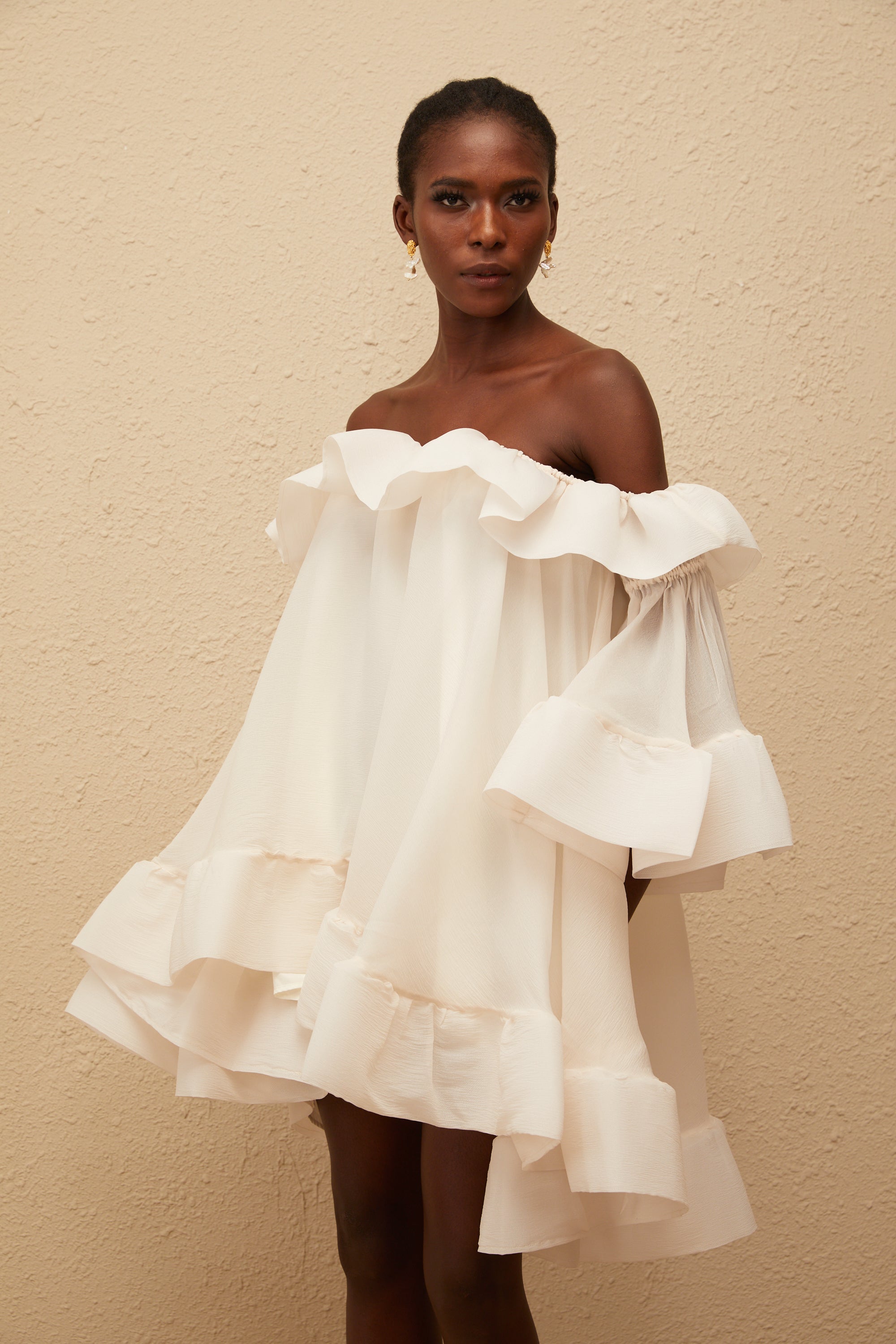 Flavie White Off Shoulder Ruffled Mini Dress