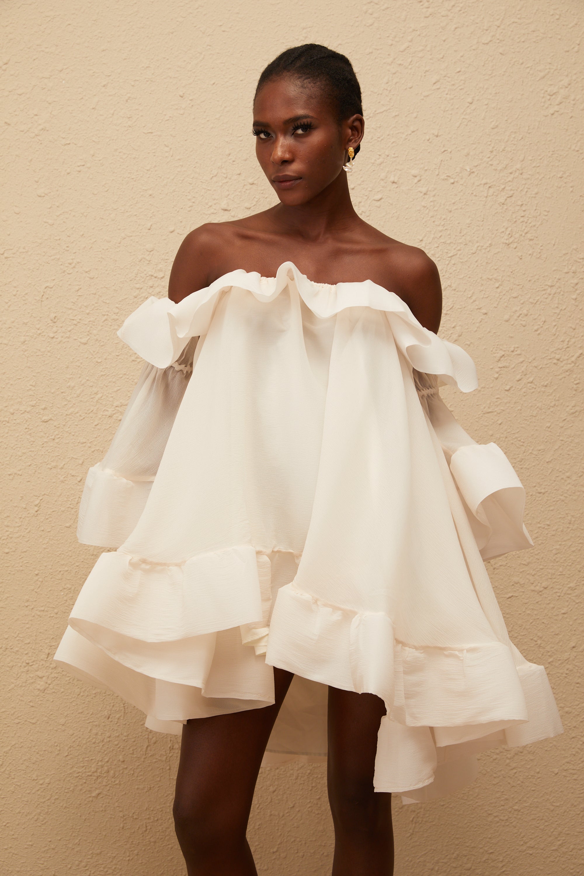 Flavie White Off Shoulder Ruffled Mini Dress
