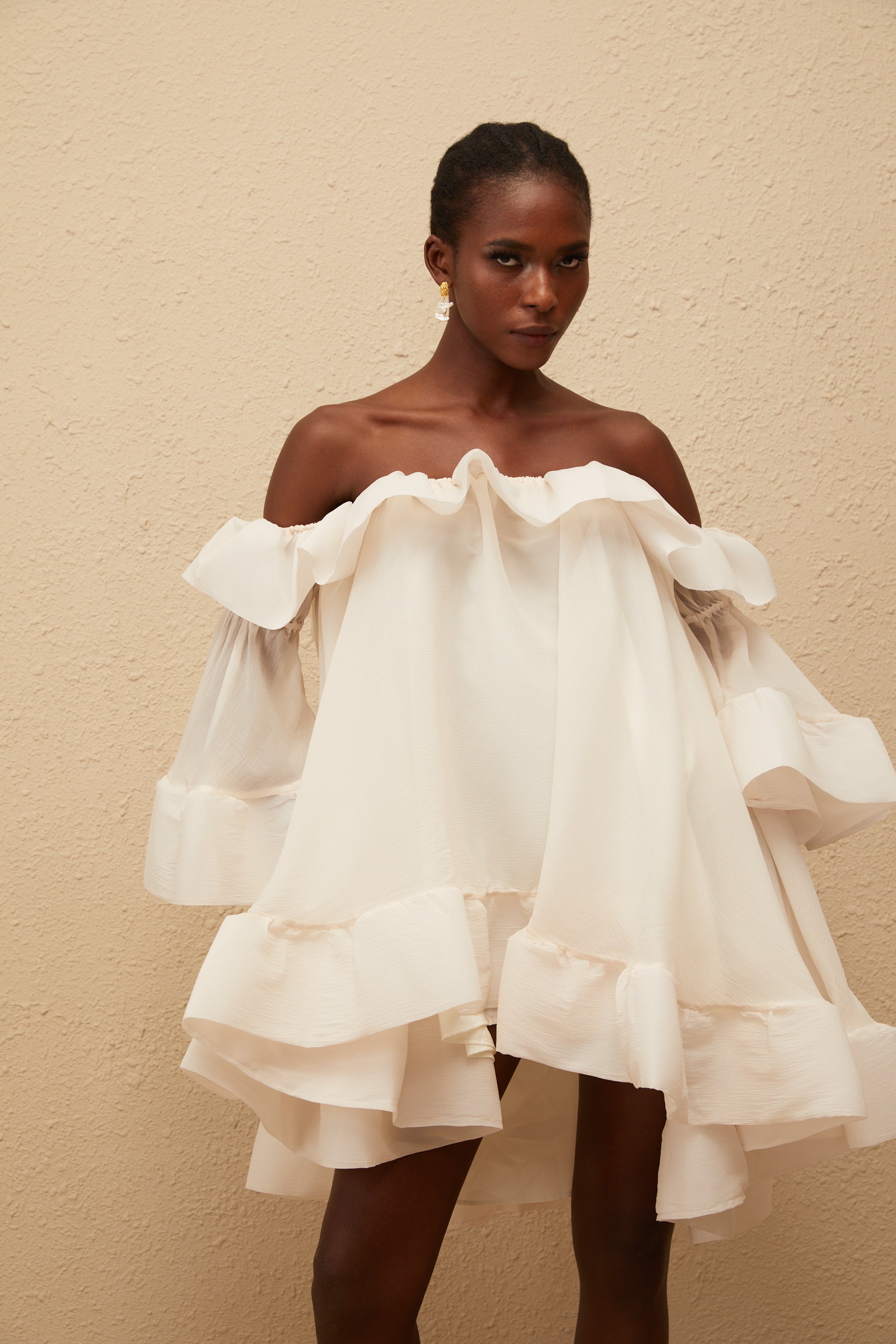 Flavie White Off Shoulder Ruffled Mini Dress