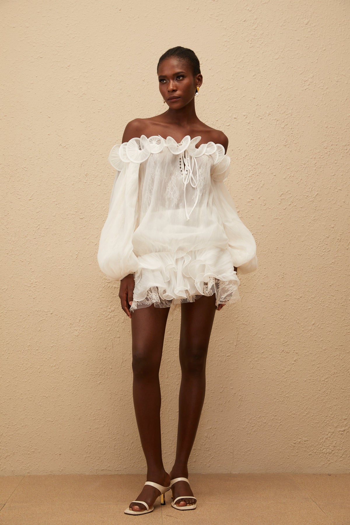 Elise White Crinkled Floral Appliqué Blouse & Skirt Set