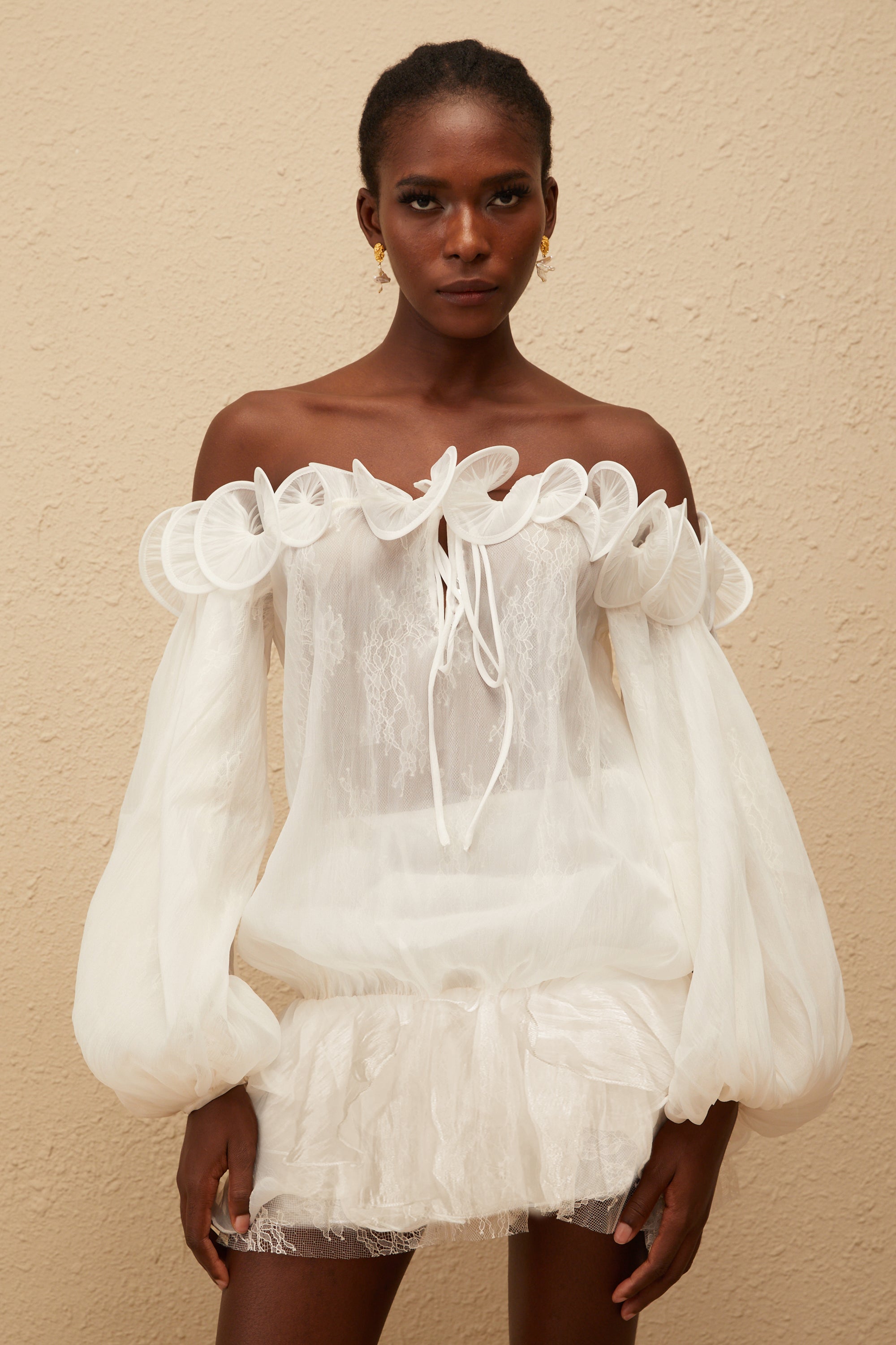 Elise White Crinkled Floral Appliqué Mini Dress (Final Sale-US Only)