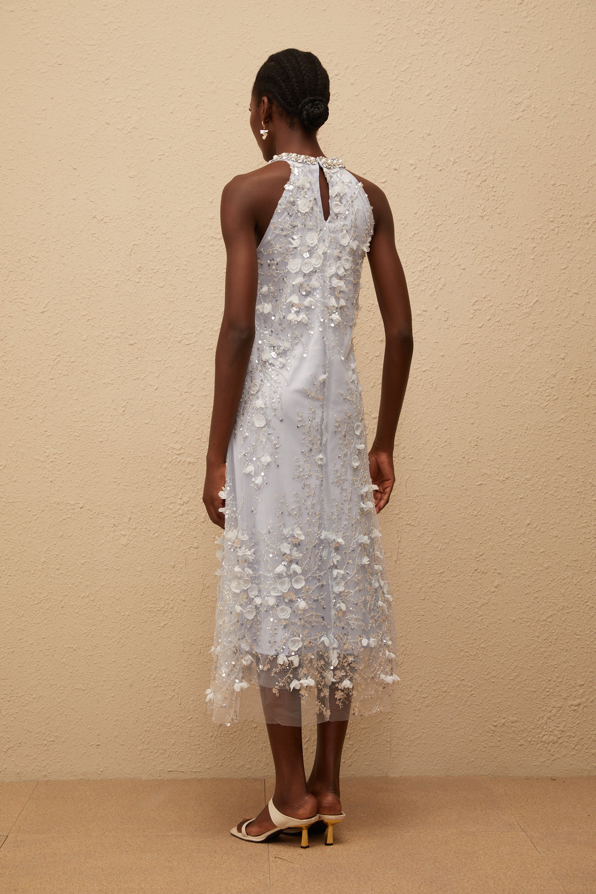 Quitterie Blue Embellished Floral Tulle Midi Dress (Final Sale-US Only)