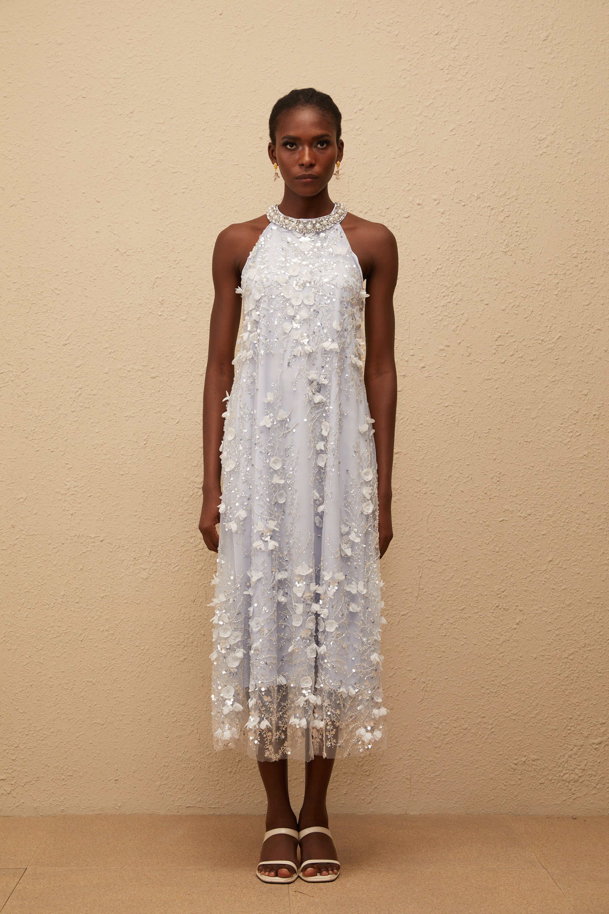 Quitterie Blue Embellished Floral Tulle Midi Dress (Final Sale-US Only)