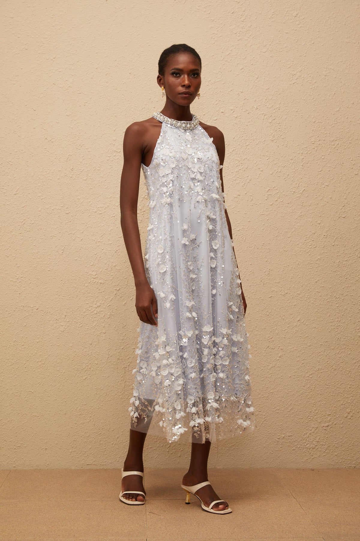 Quitterie Blue Embellished Floral Tulle Midi Dress (Final Sale-US Only)