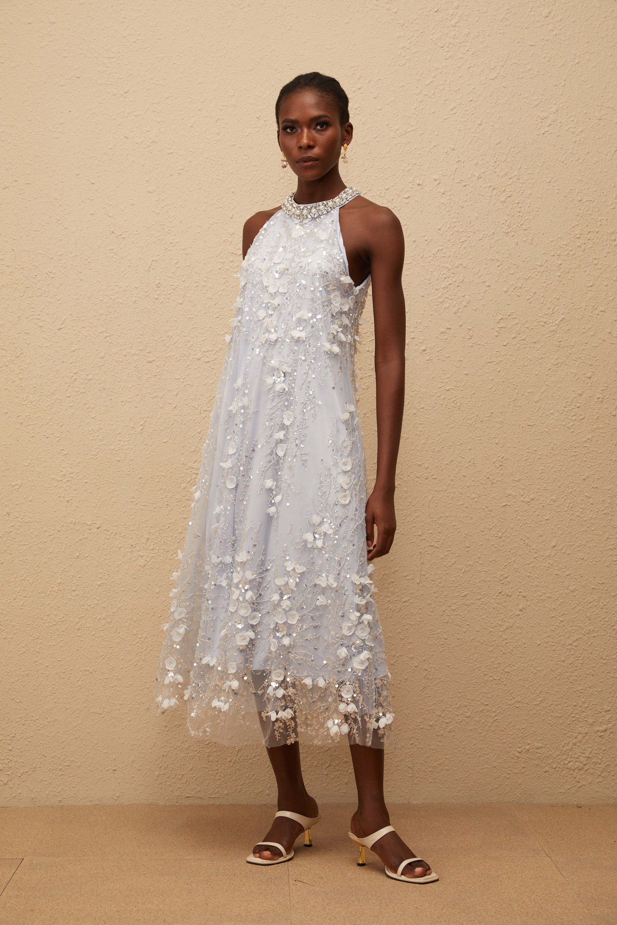 Quitterie Blue Embellished Floral Tulle Midi Dress (Final Sale-US Only)