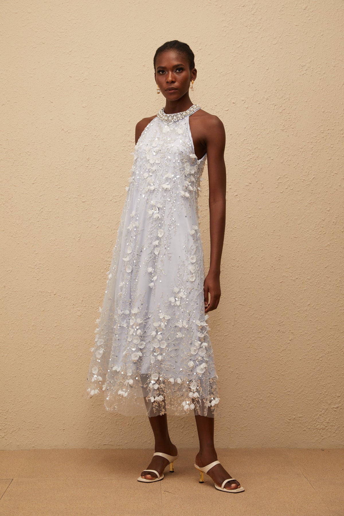 Quitterie Blue Embellished Floral Tulle Midi Dress (Final Sale-US Only)