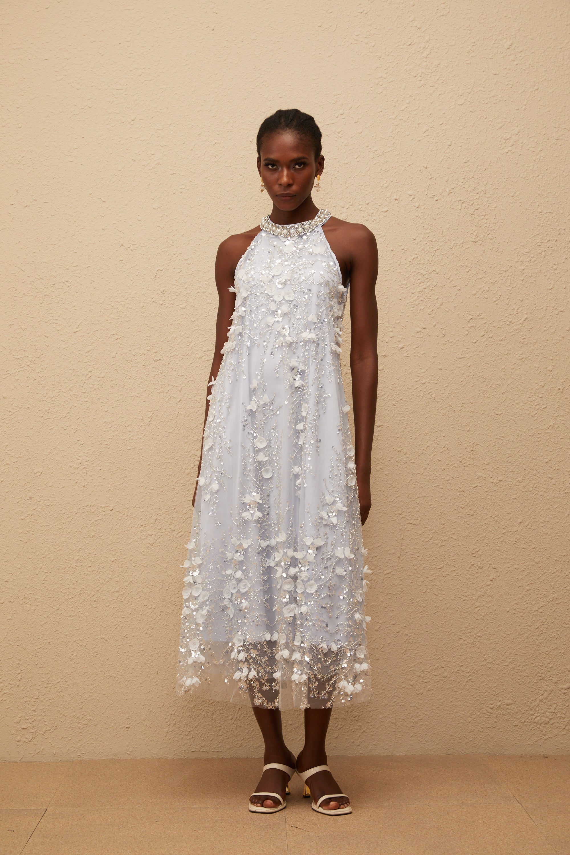 Quitterie Blue Embellished Floral Tulle Midi Dress (Final Sale-US Only)