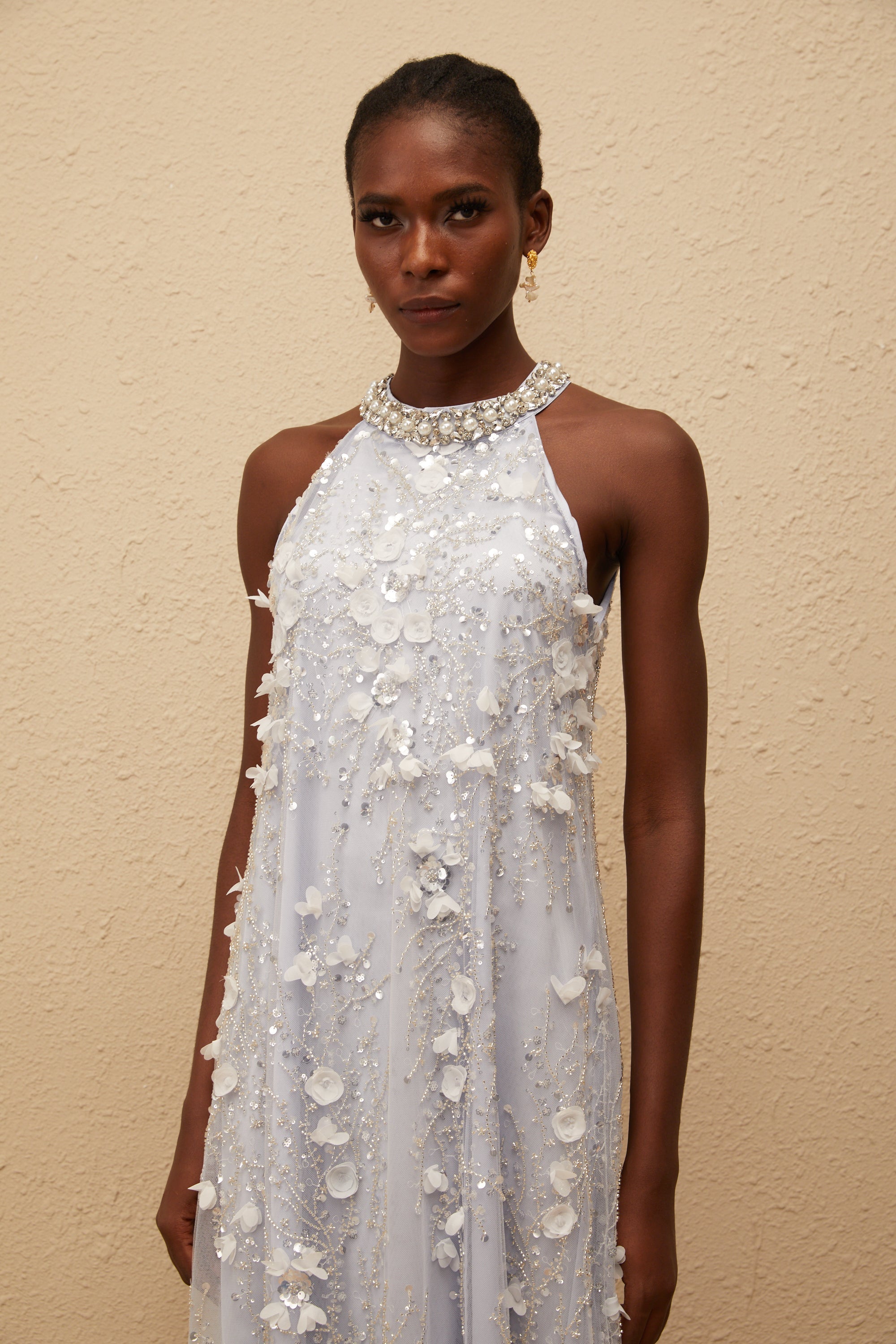 Quitterie Blue Embellished Floral Tulle Midi Dress (Final Sale-US Only)