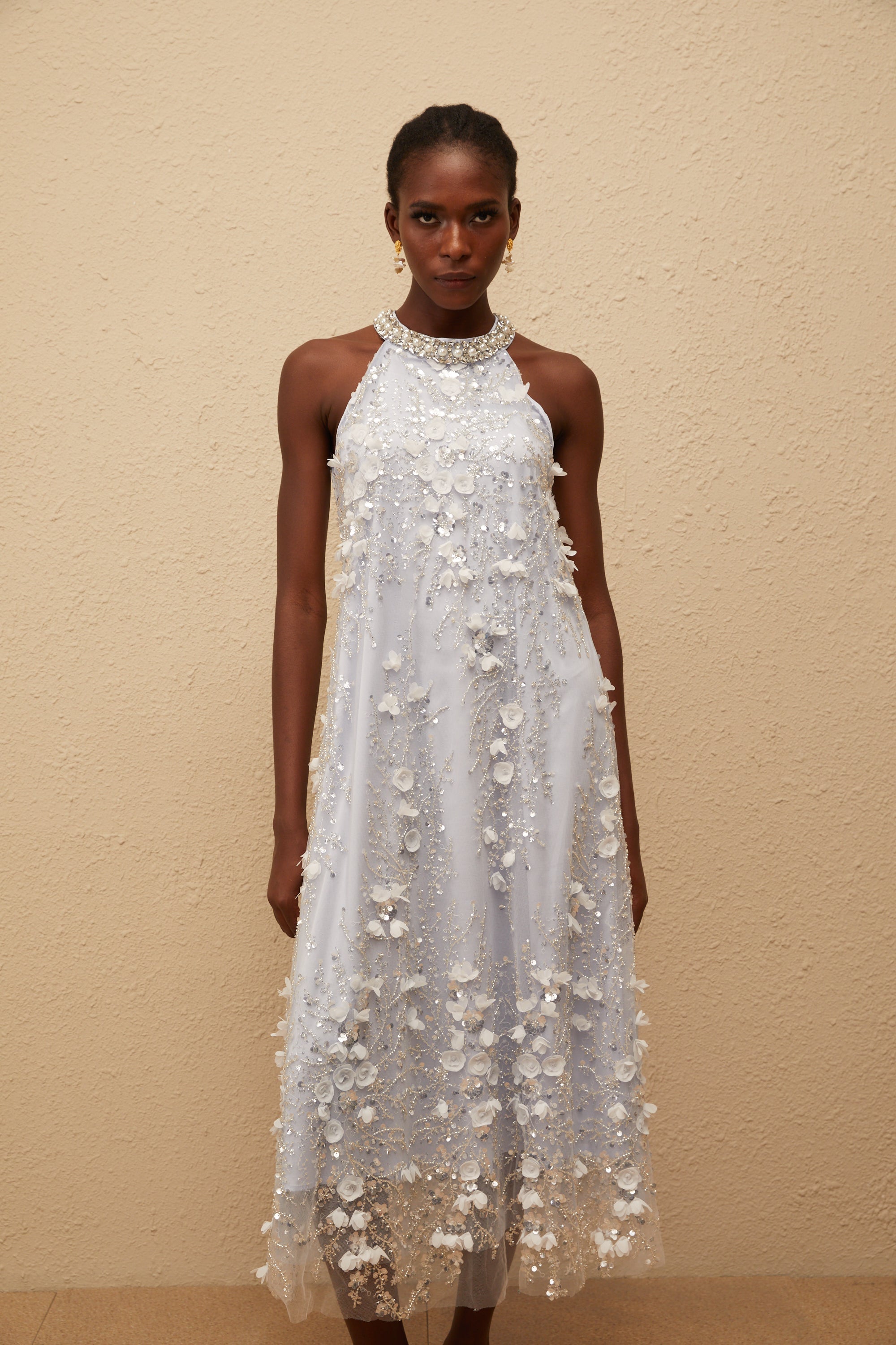 Quitterie Blue Embellished Floral Tulle Midi Dress (Final Sale-US Only)