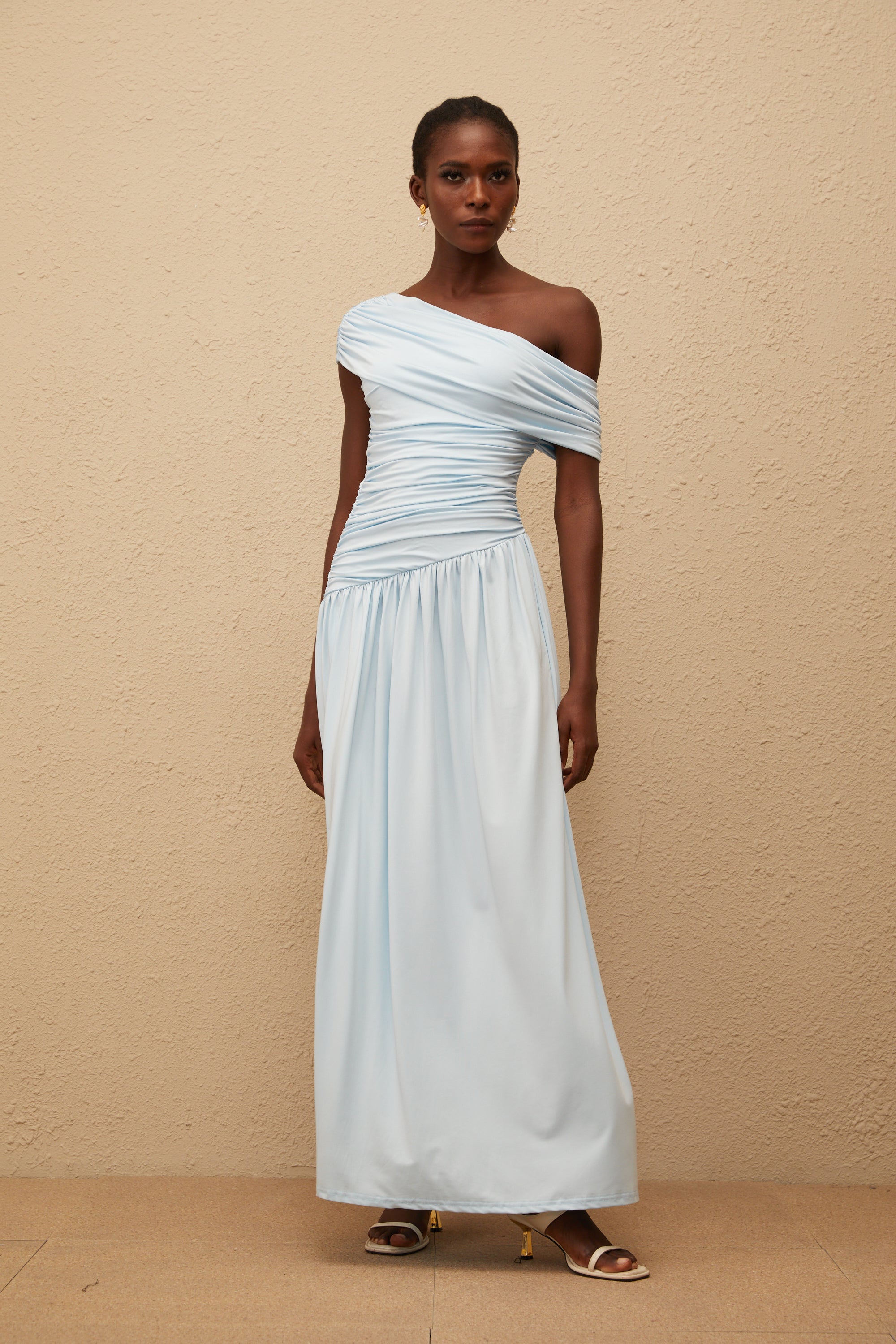Lueur Blue One Shoulder Ruched Maxi Dress