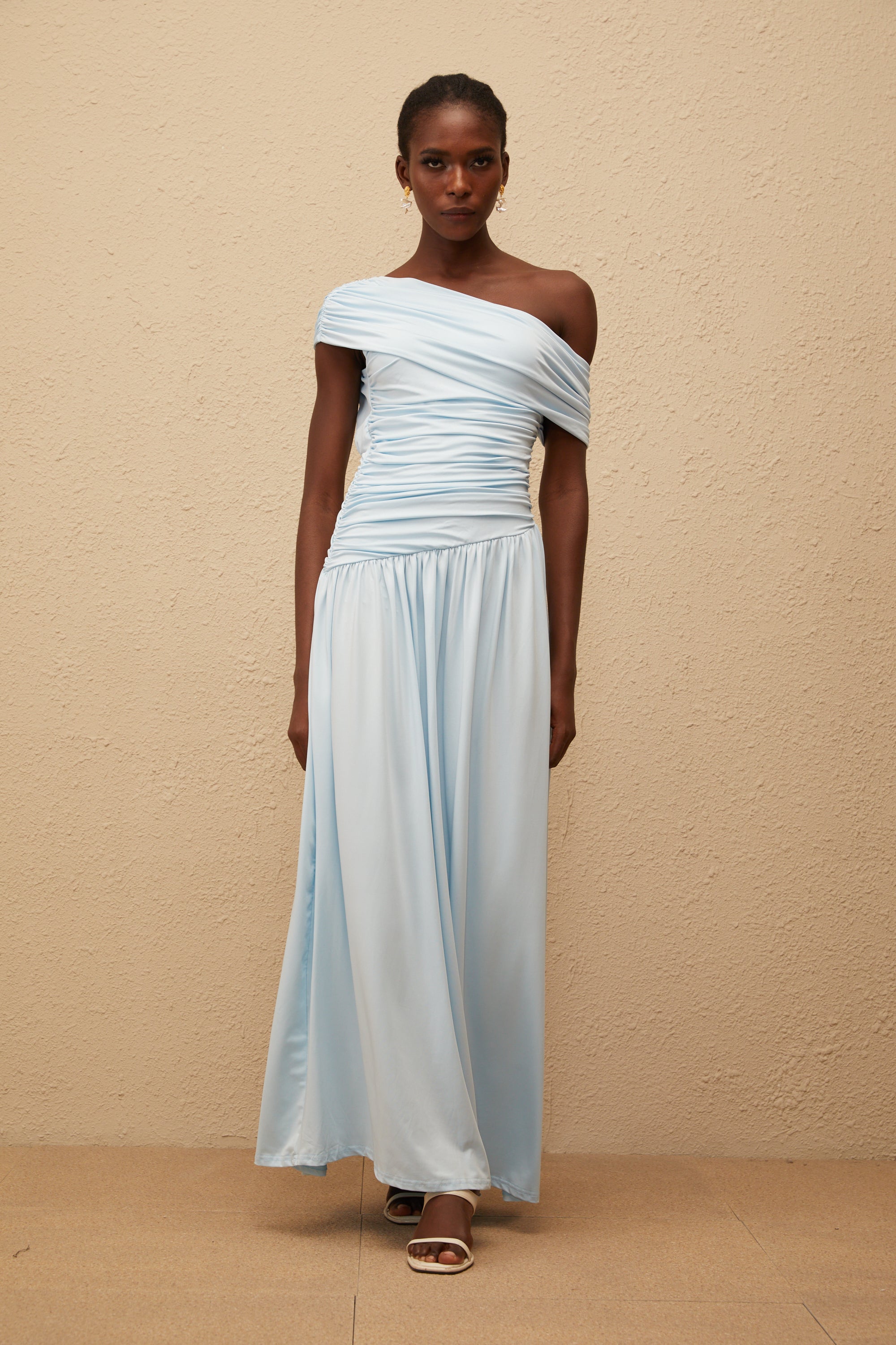 Lueur Blue One Shoulder Ruched Maxi Dress
