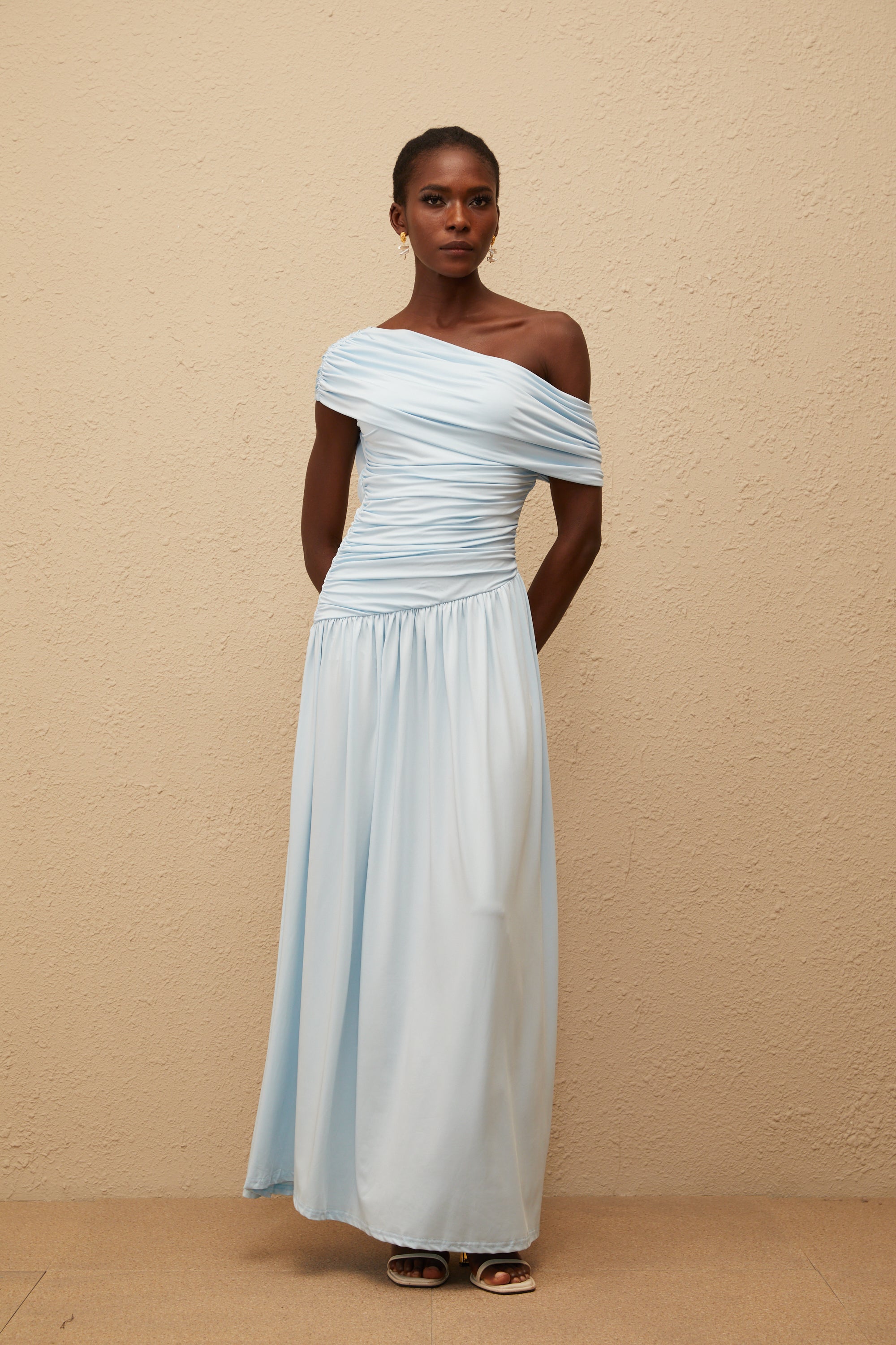Lueur Blue One Shoulder Ruched Maxi Dress