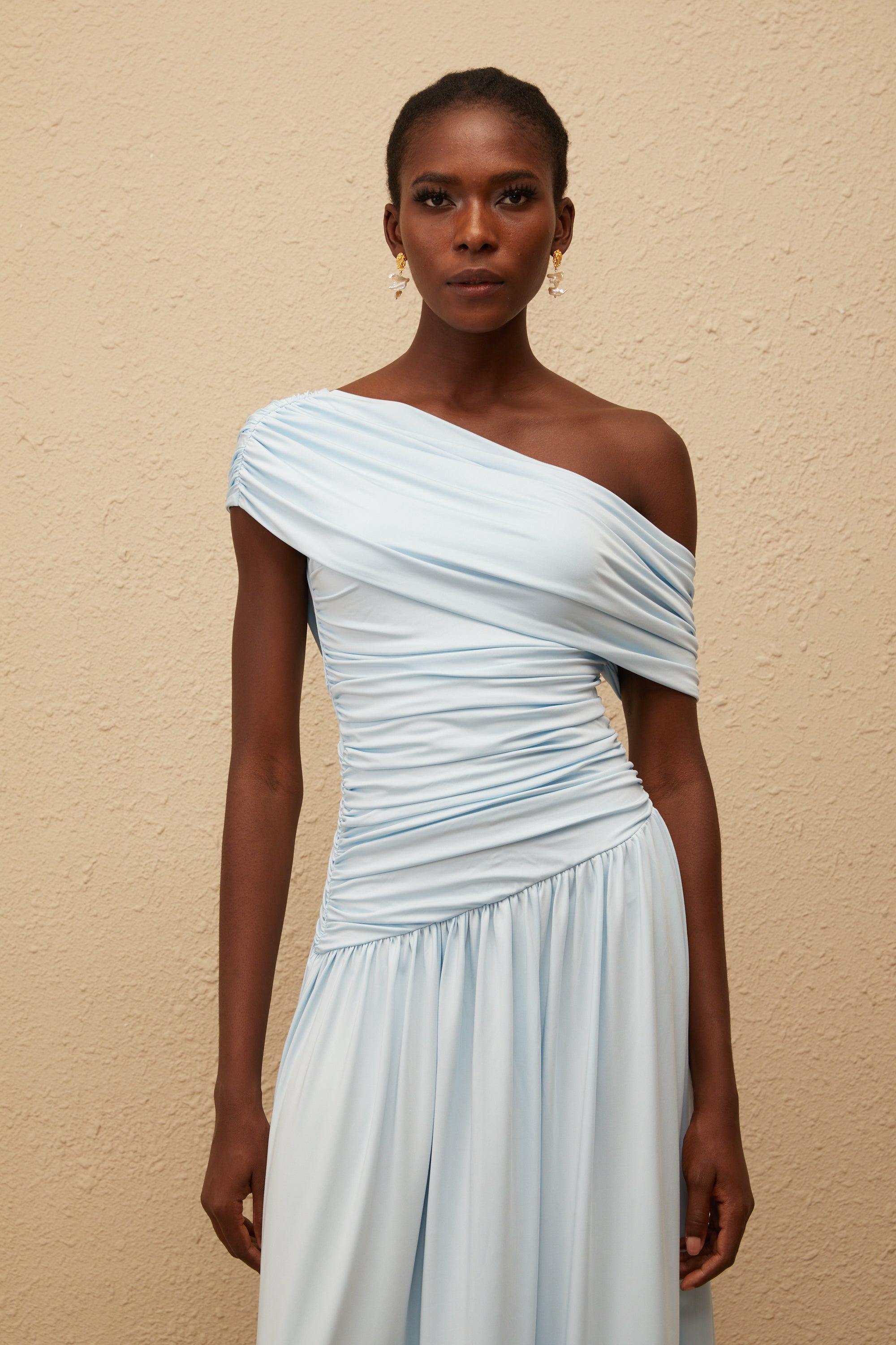 Lueur Blue One Shoulder Ruched Maxi Dress