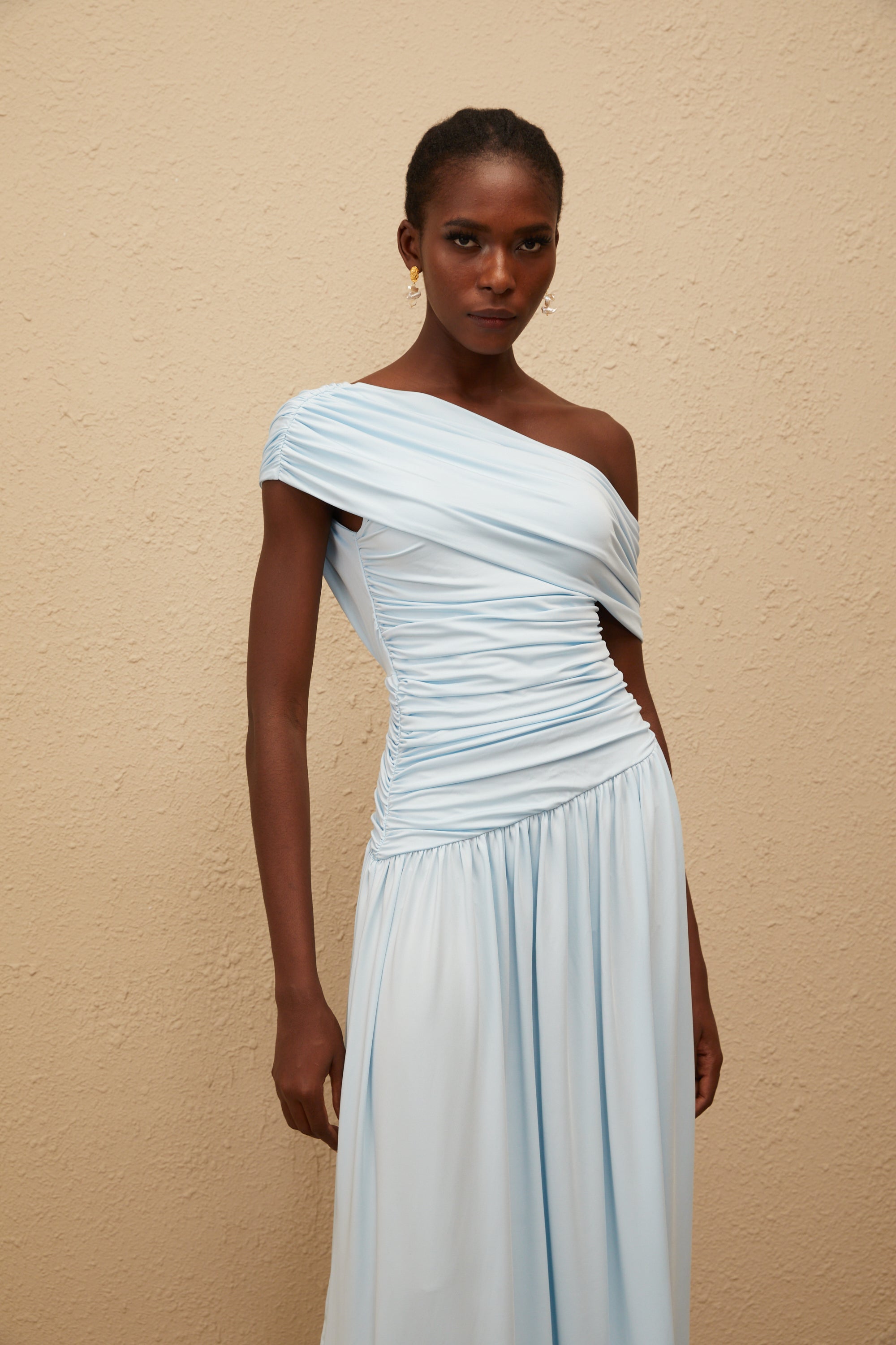 Lueur Blue One Shoulder Ruched Maxi Dress