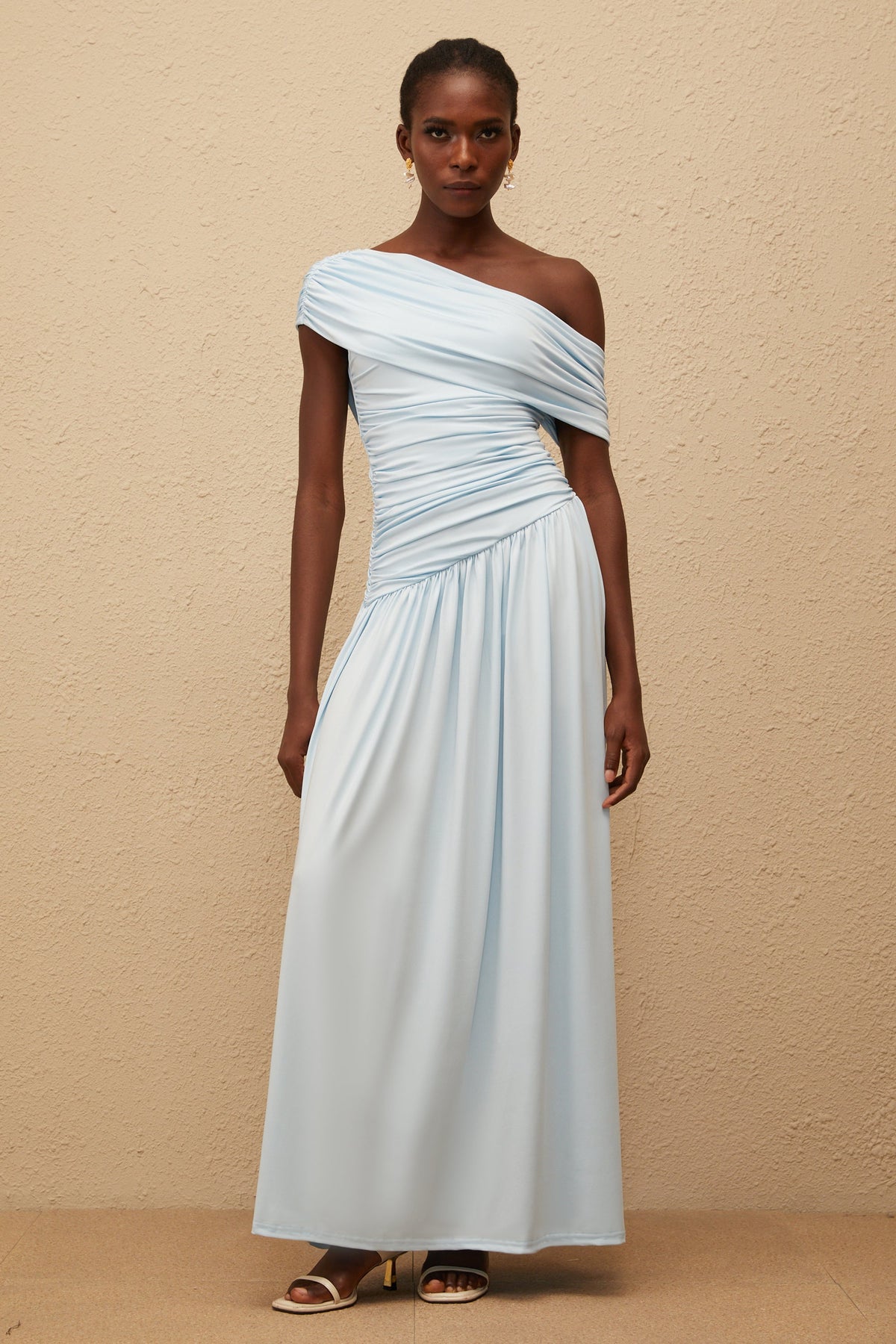 Lueur Blue One Shoulder Ruched Maxi Dress