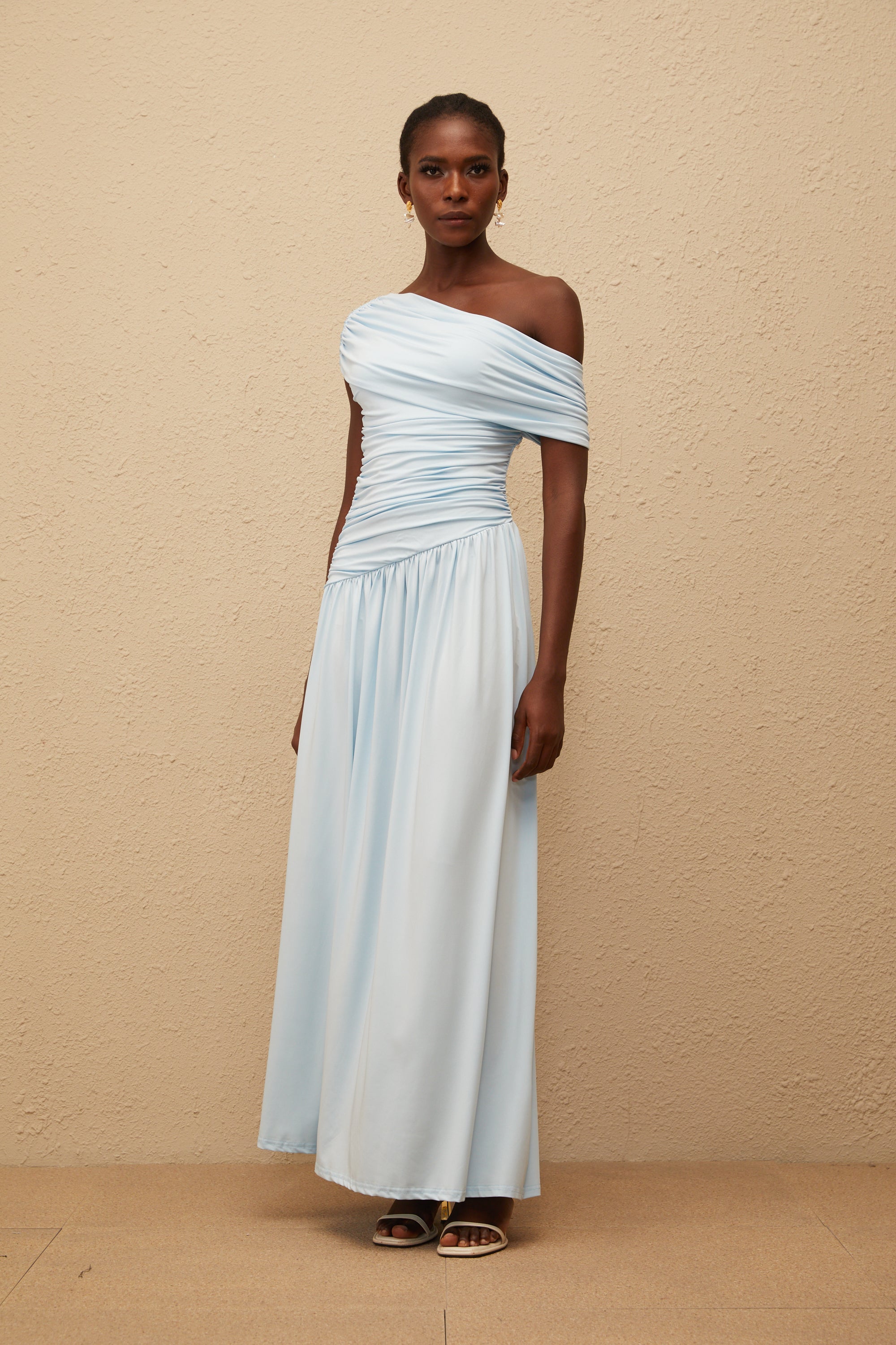 Lueur Blue One Shoulder Ruched Maxi Dress