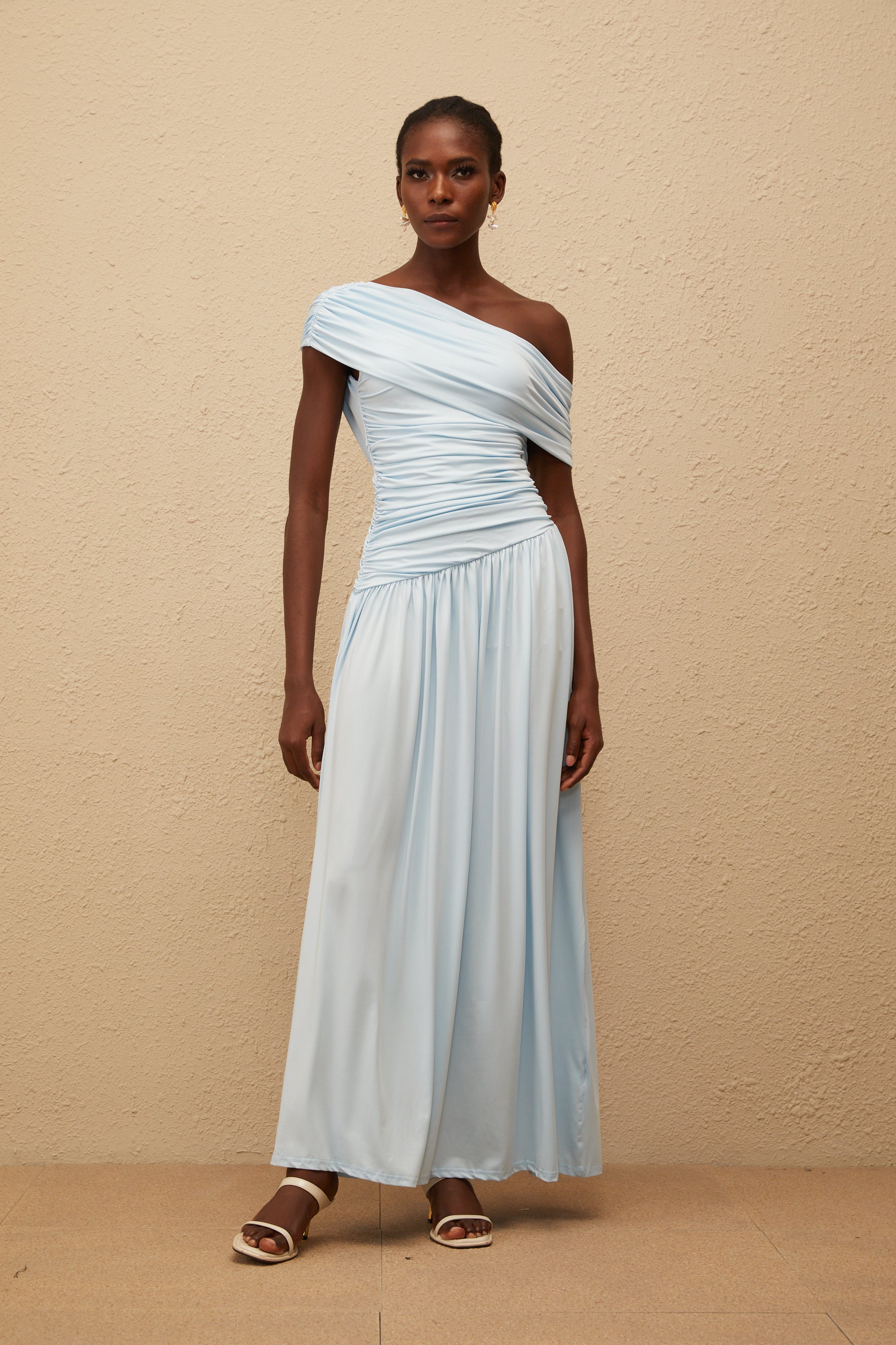 Lueur Blue One Shoulder Ruched Maxi Dress