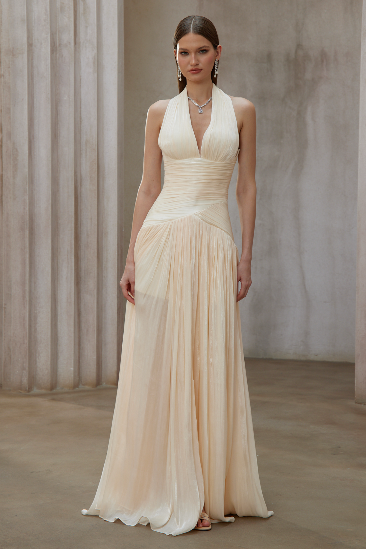 uranie neutral gathered maxi dress