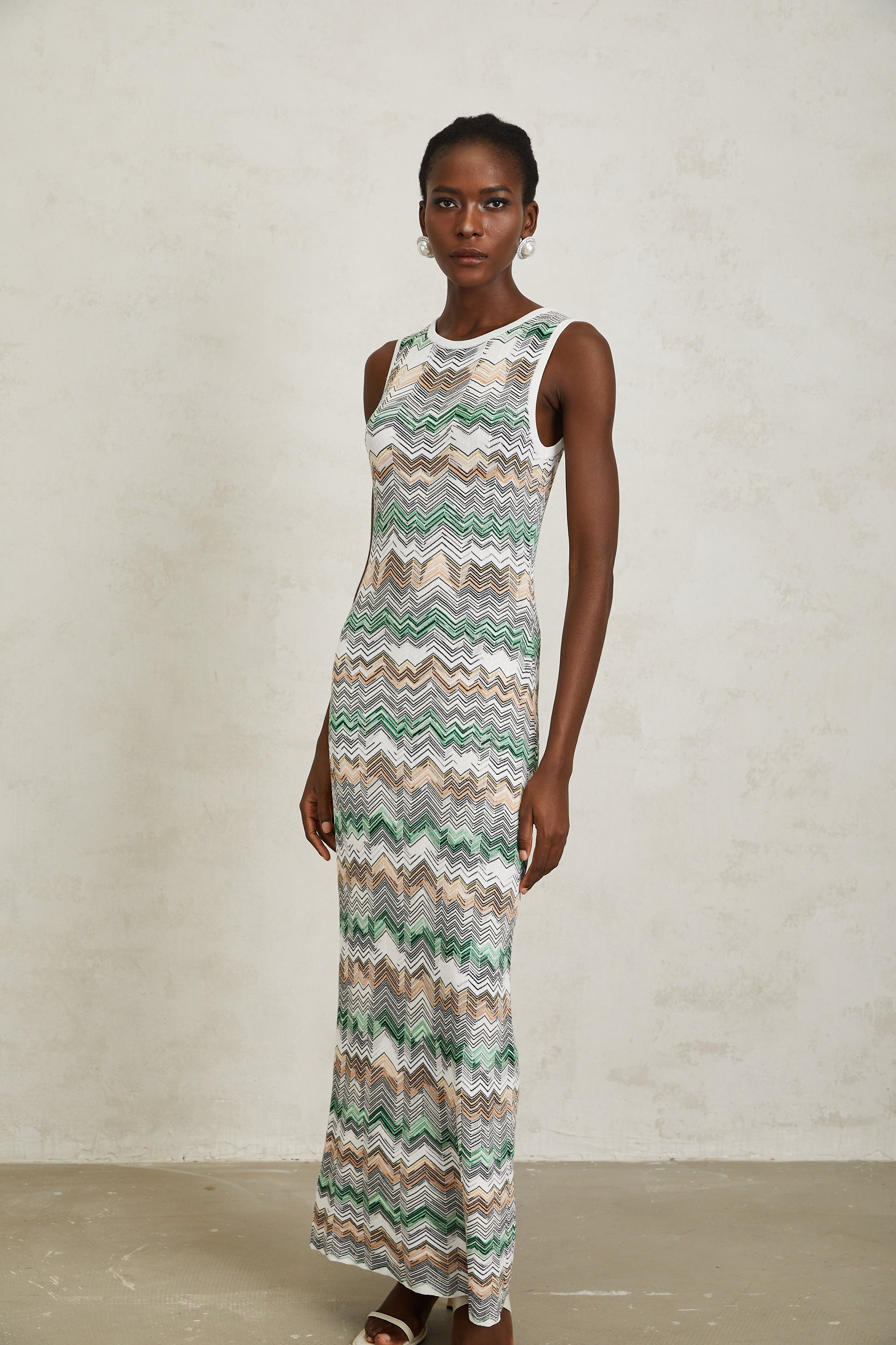 Manon Green Zigzag Woven Knit Maxi Dress