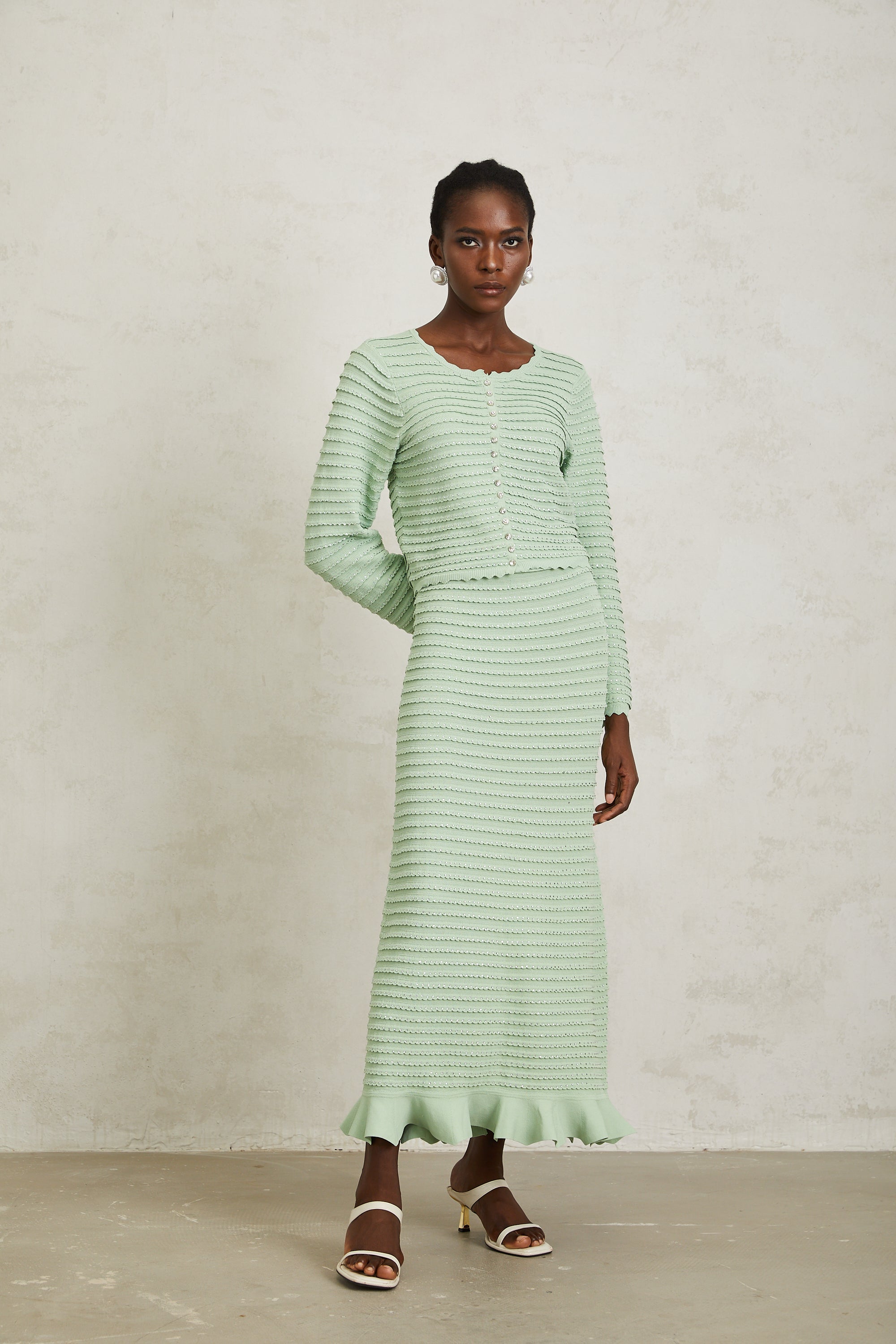 Colette Green Rhinestone Wavy Knit Cardigan & Skirt Set (Final Sale-US Only)