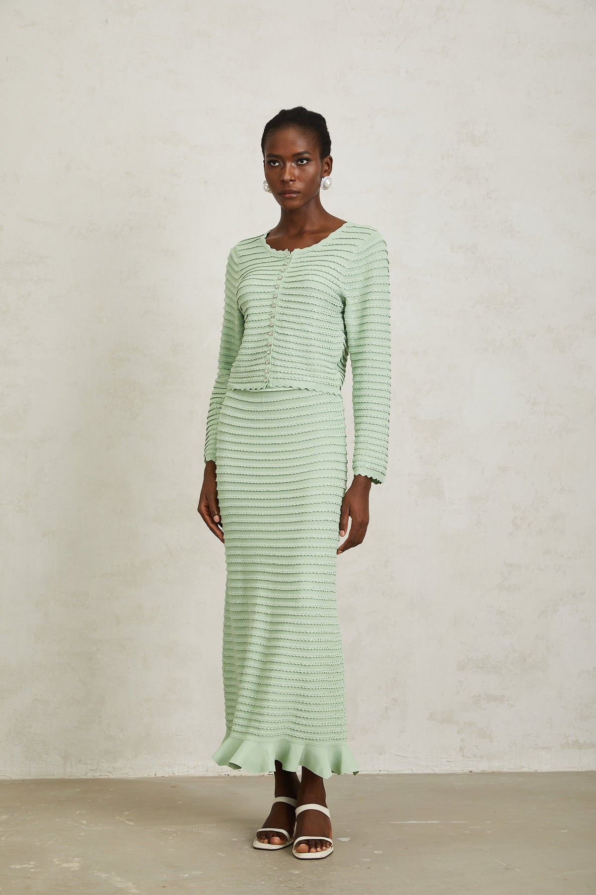 Colette Green Rhinestone Wavy Knit Cardigan & Skirt Set