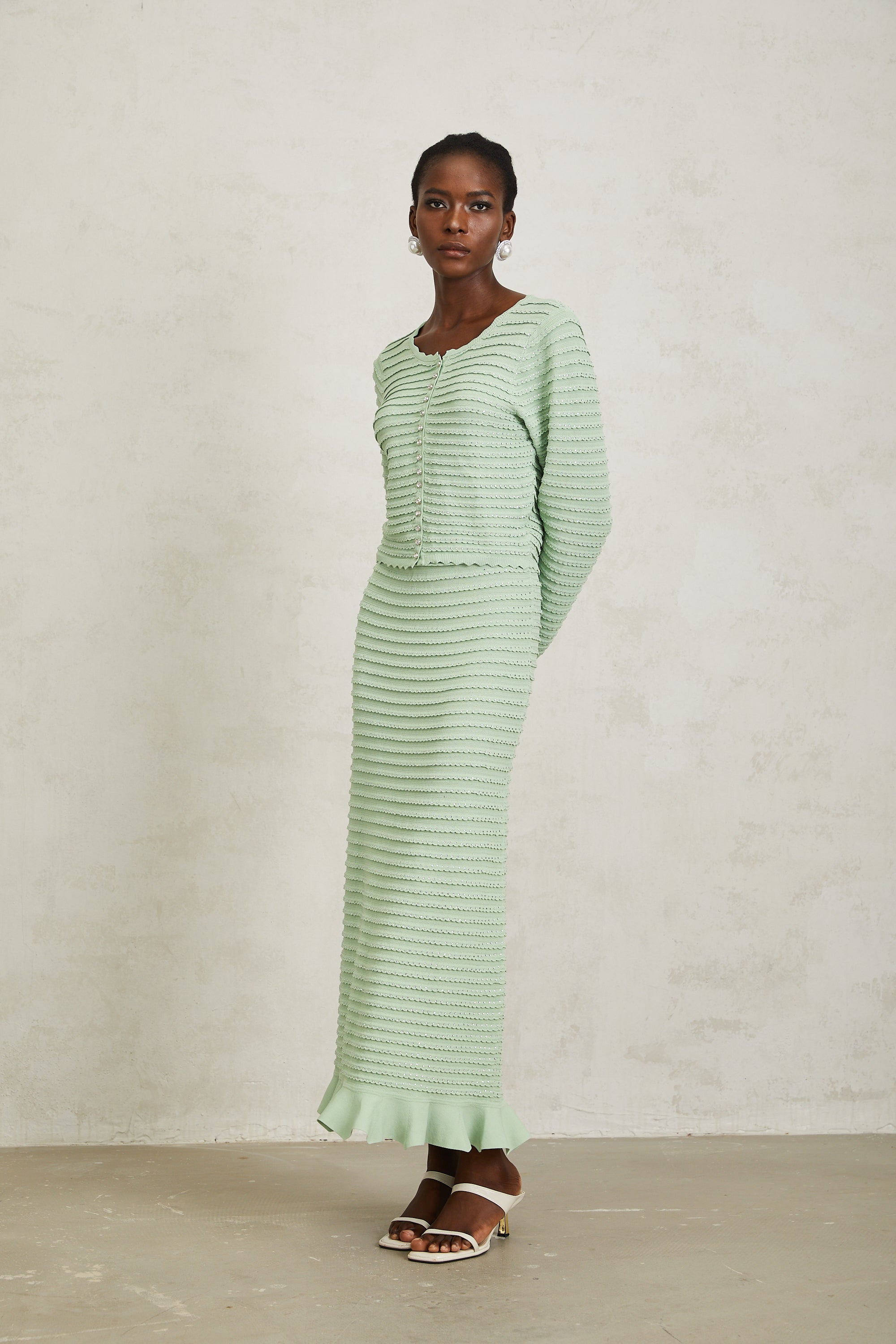 Colette Green Rhinestone Wavy Knit Cardigan & Skirt Set (Final Sale-US Only)