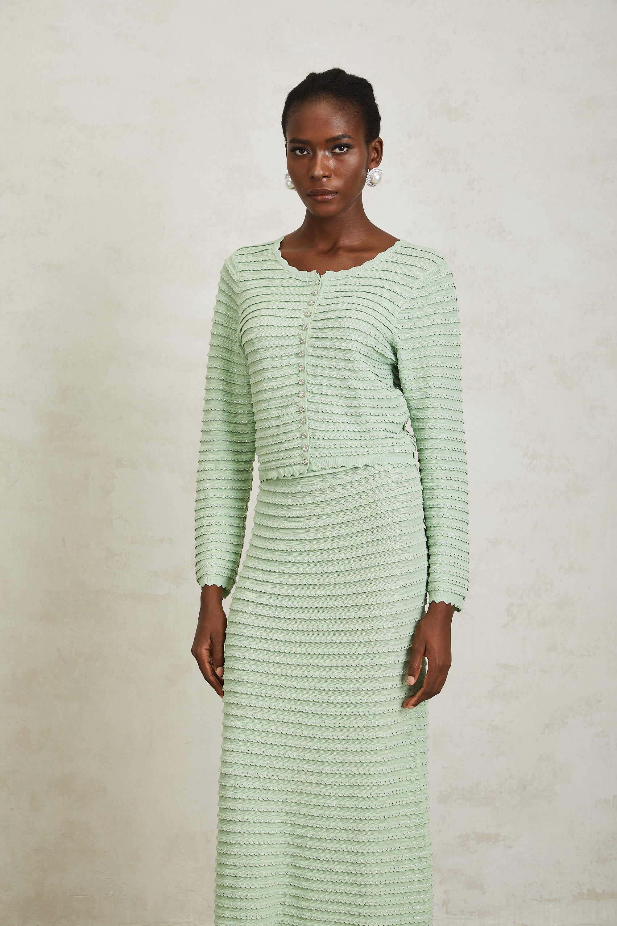 Colette Green Rhinestone Wavy Knit Cardigan & Skirt Set (Final Sale-US Only)