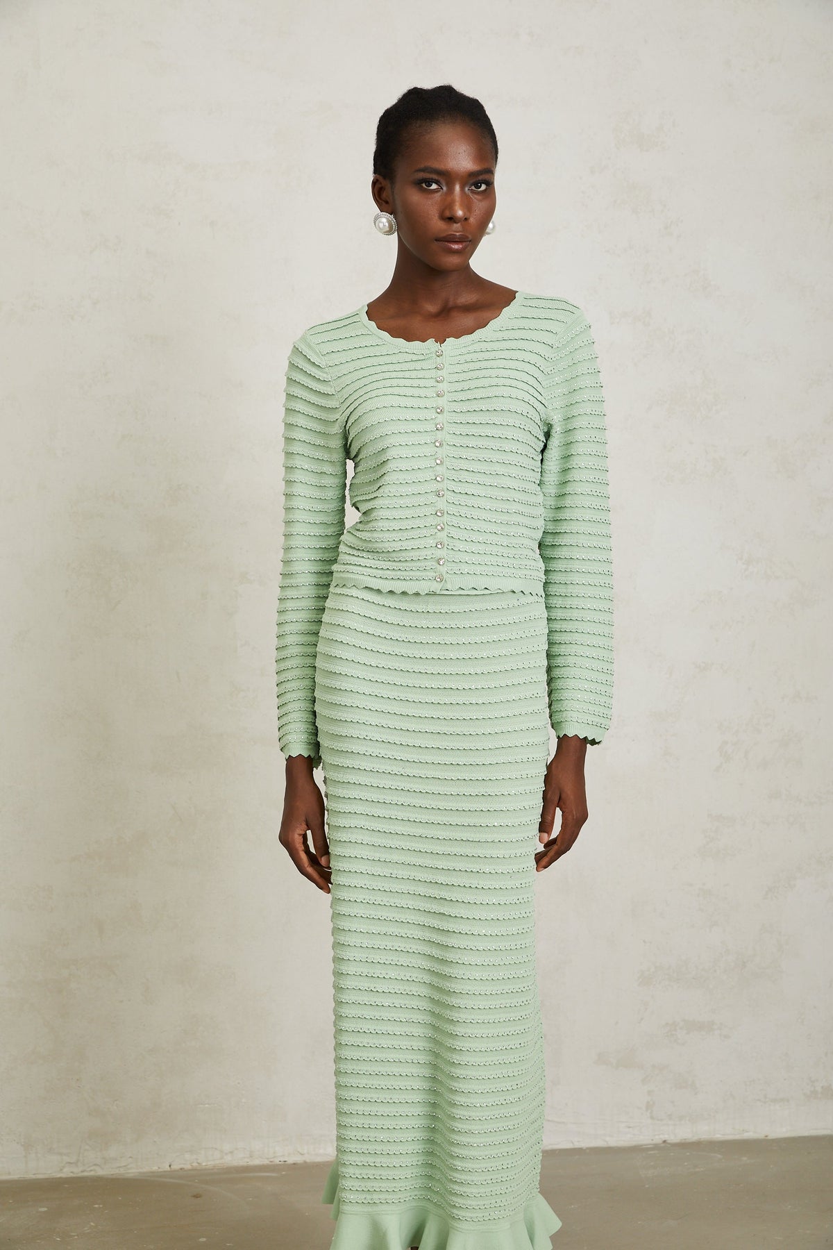 Colette Green Rhinestone Wavy Knit Cardigan & Skirt Set