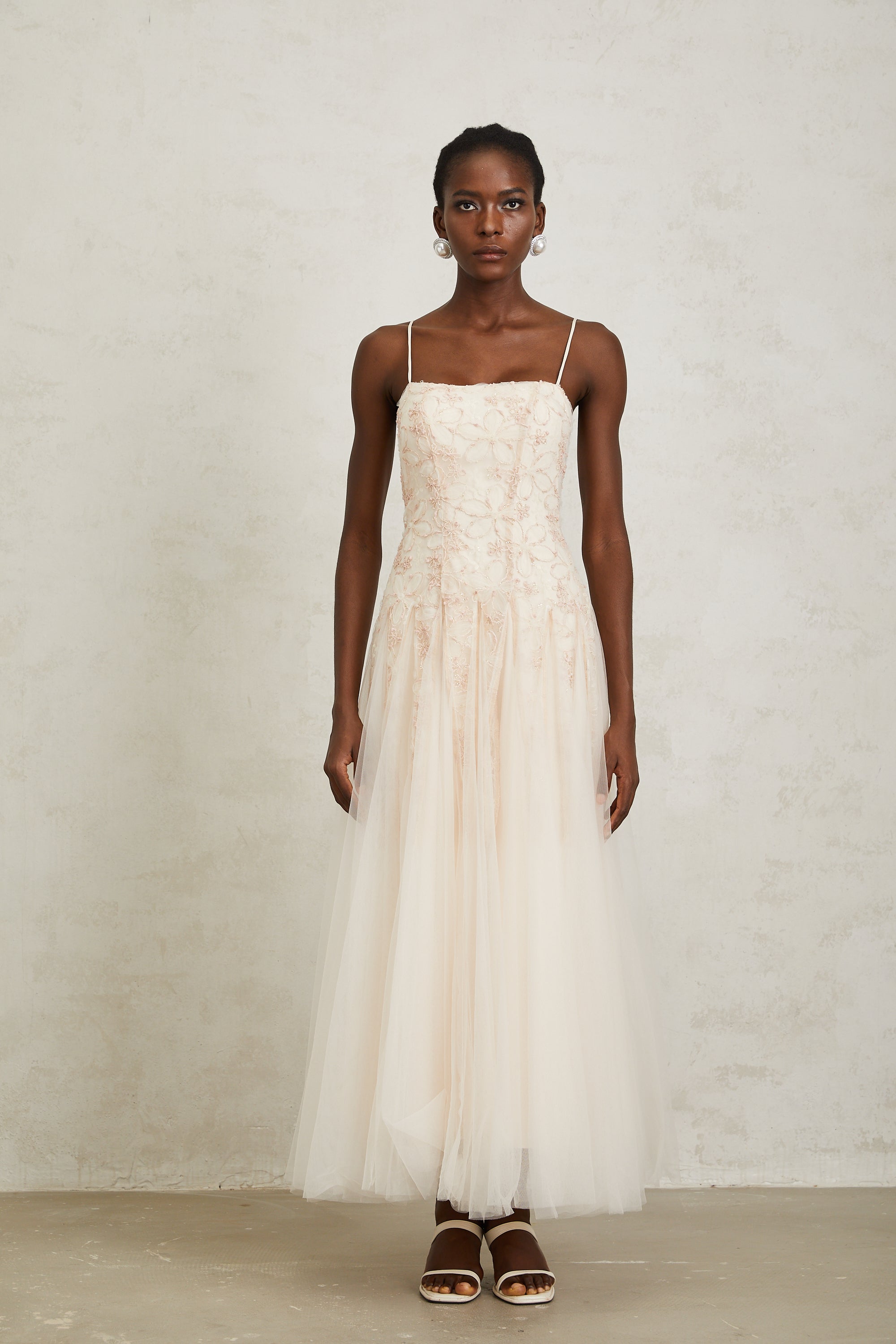 Madeline Pink Floral Embroidered Tulle Maxi Dress