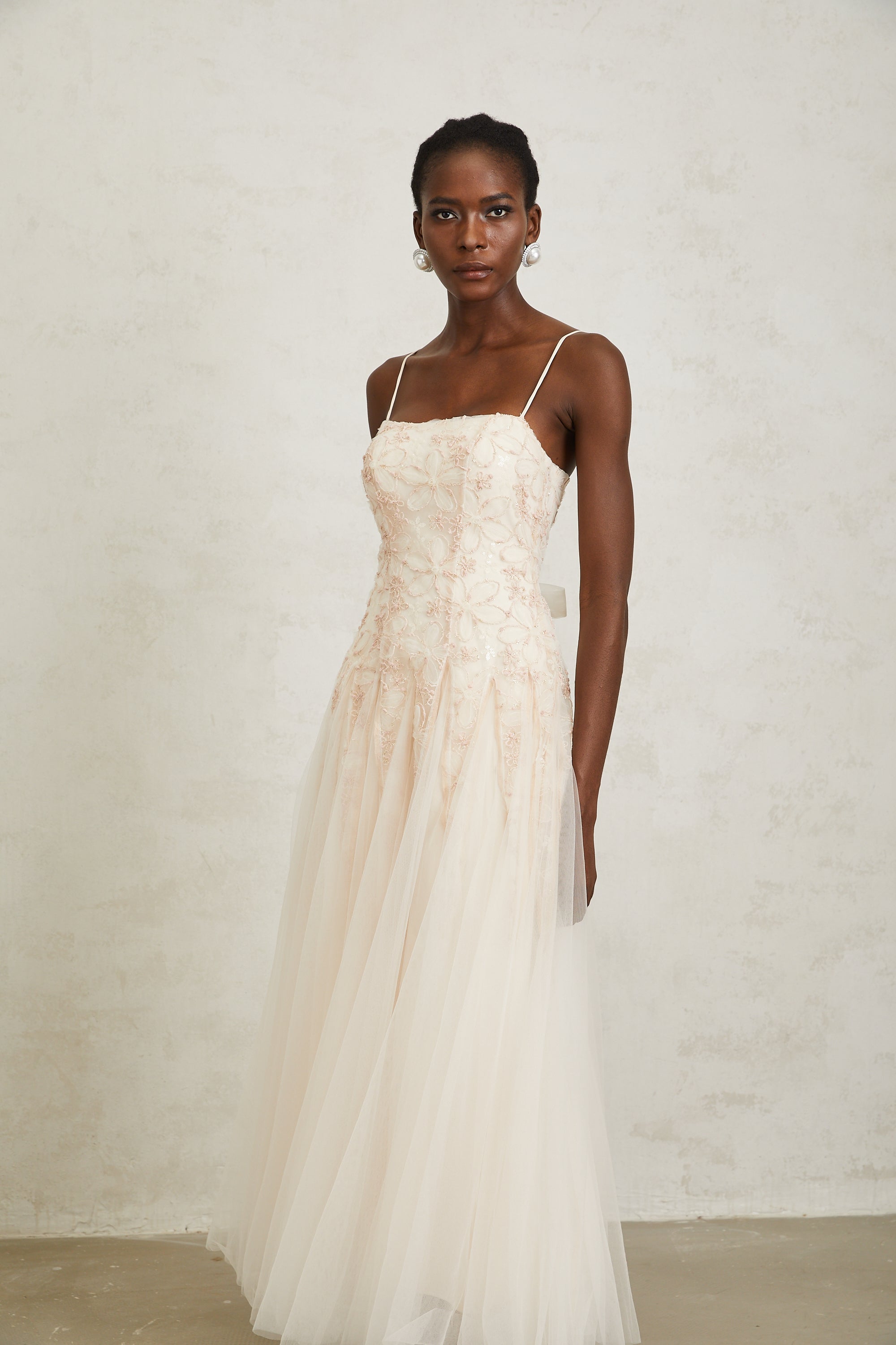 Madeline Pink Floral Embroidered Tulle Maxi Dress