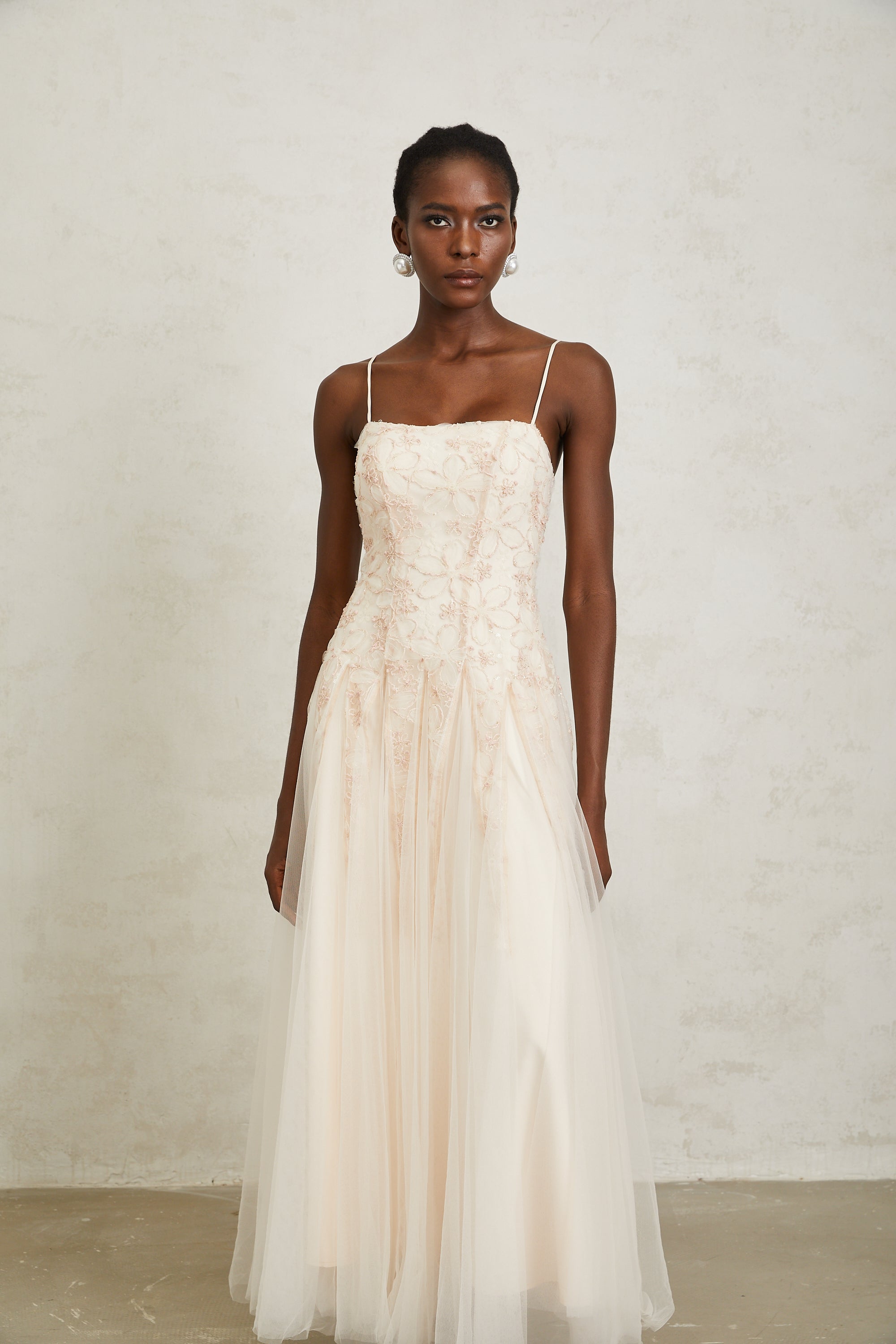 Madeline Pink Floral Embroidered Tulle Maxi Dress
