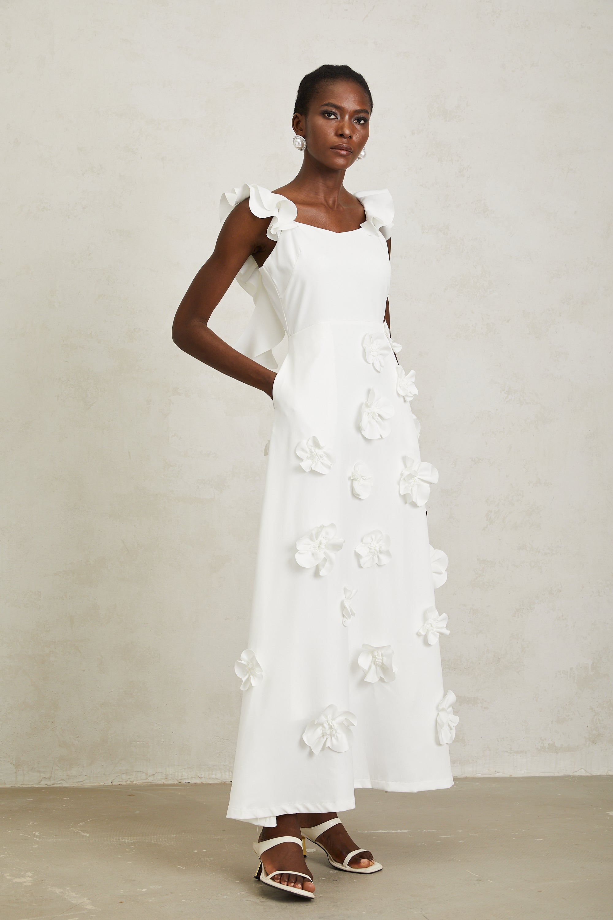 Ninon White 3D Petal Maxi Dress