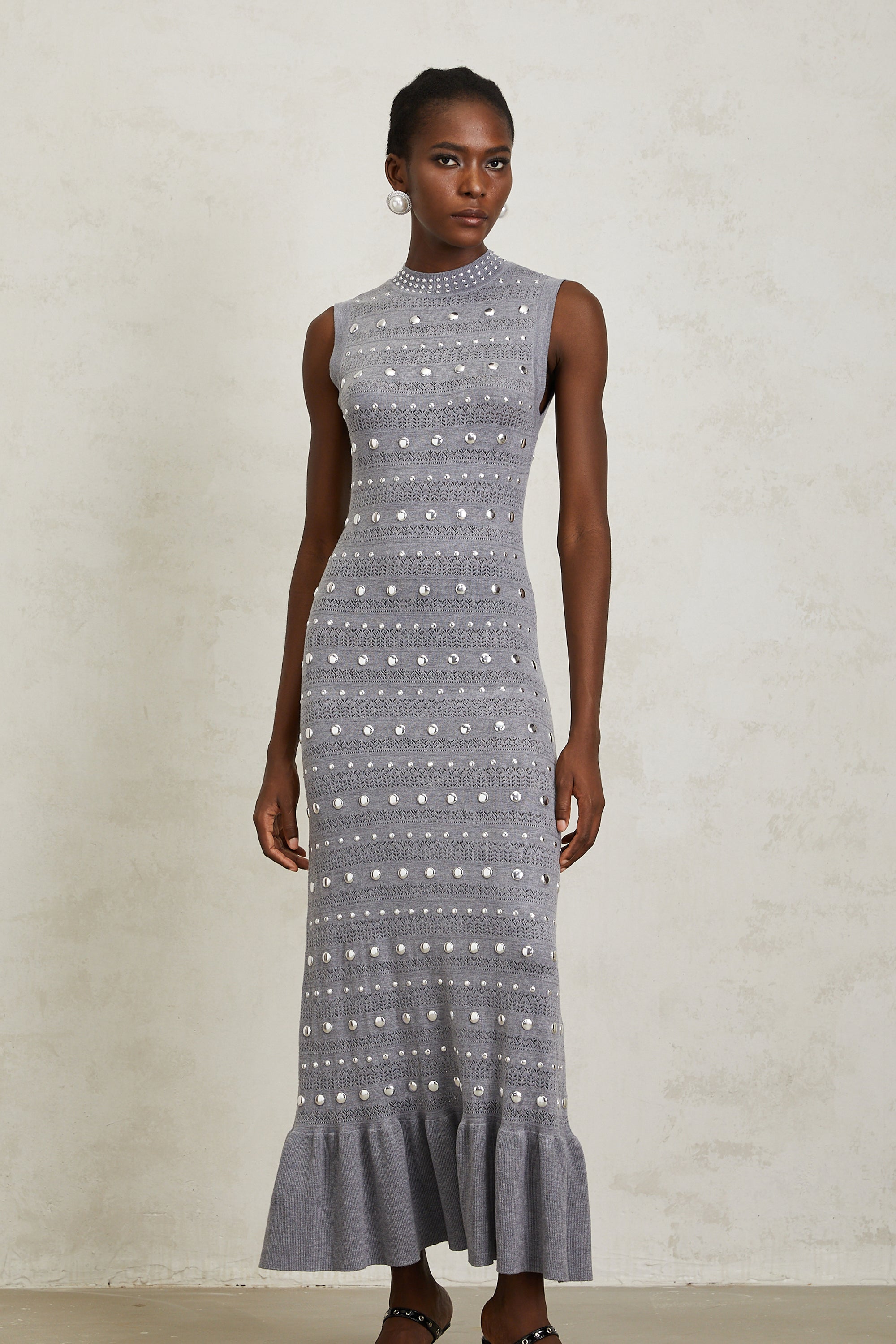 Chloé Grey Studded Crochet Knit Maxi Dress - gray