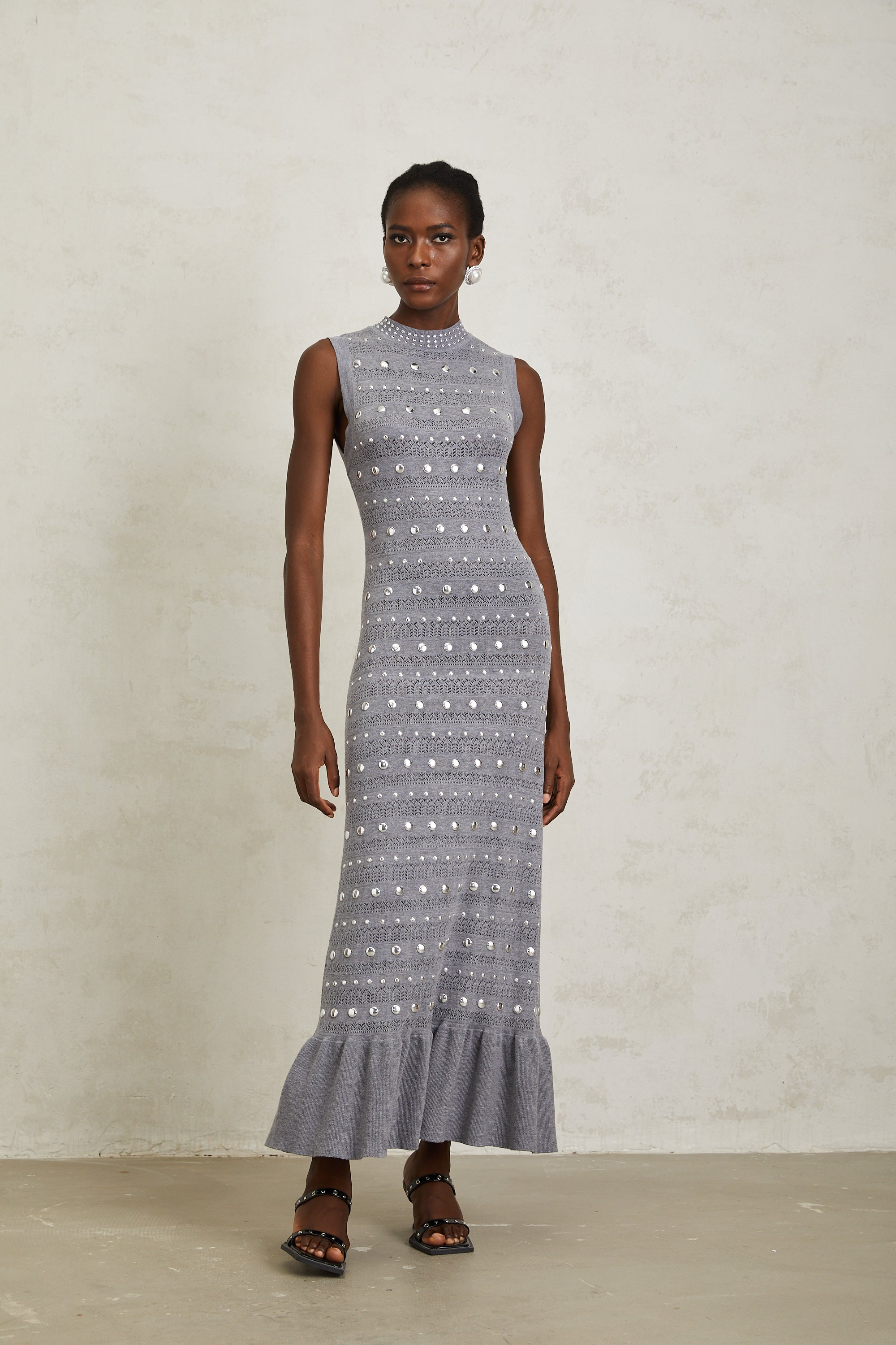 Chloé Grey Studded Crochet Knit Maxi Dress - gray