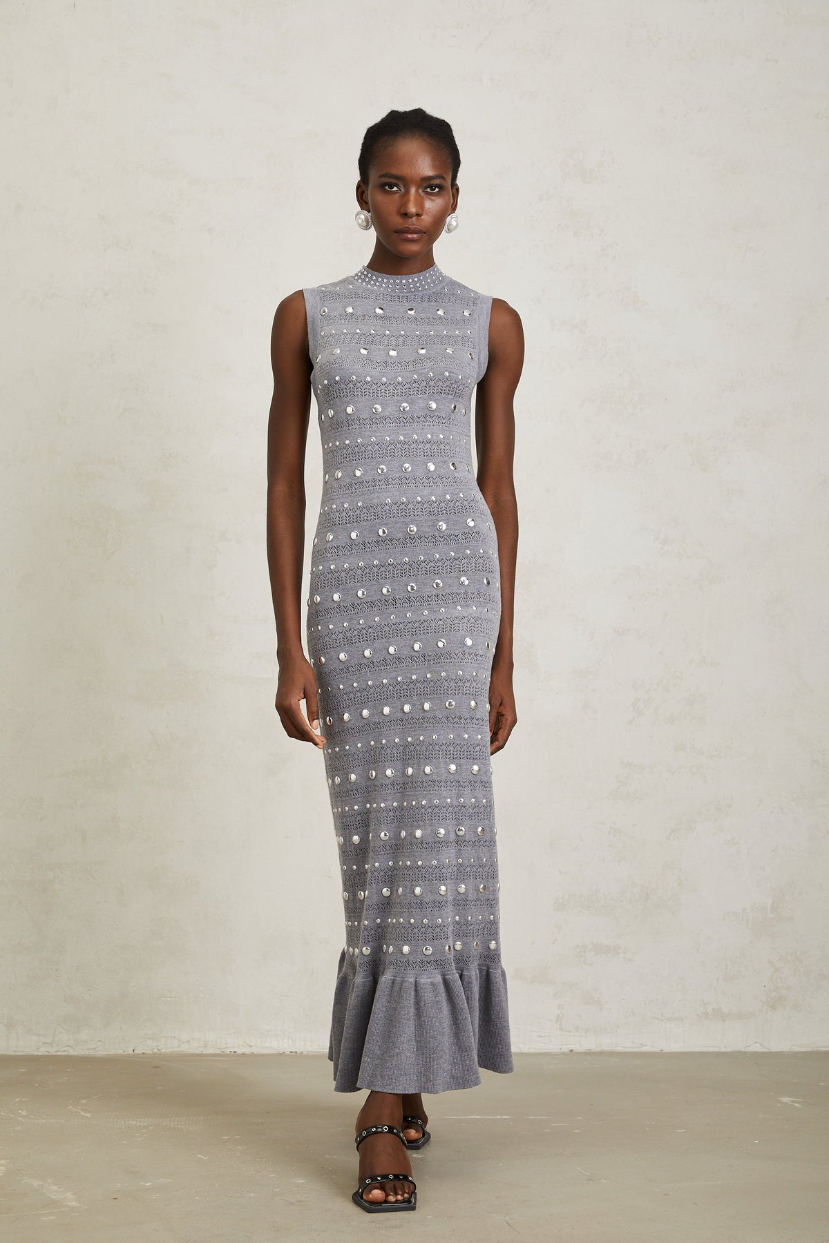 Chloé Grey Studded Crochet Knit Maxi Dress - gray