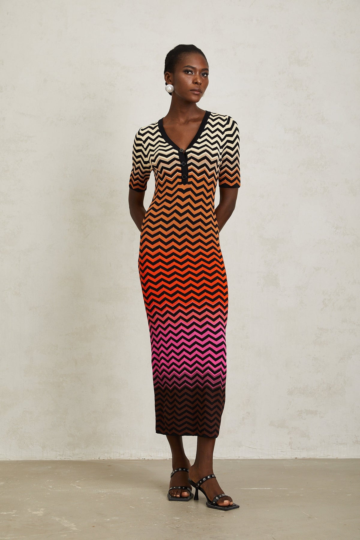 Charitina Brown Gradient Zigzag Knit Midi Dress (Final Sale-US Only)